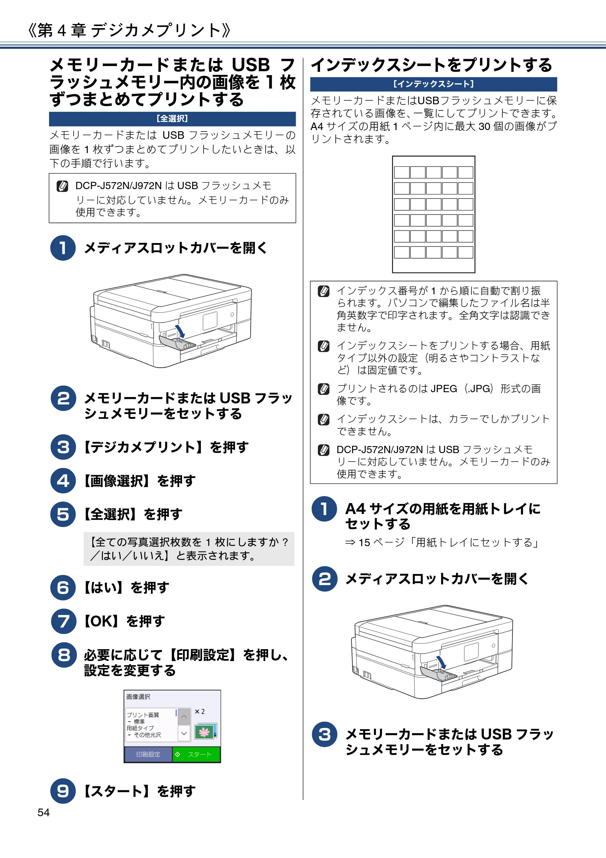 ブラザー DCP-J572N / DCP-J972N / DCP-J973N-B/W ユーザーズガイド ～応用編～ — メモリーカードまたはUSBフラッシュメモリー内の画像を1枚ずつまとめてプリントする — 原本ページ — 54ページ
