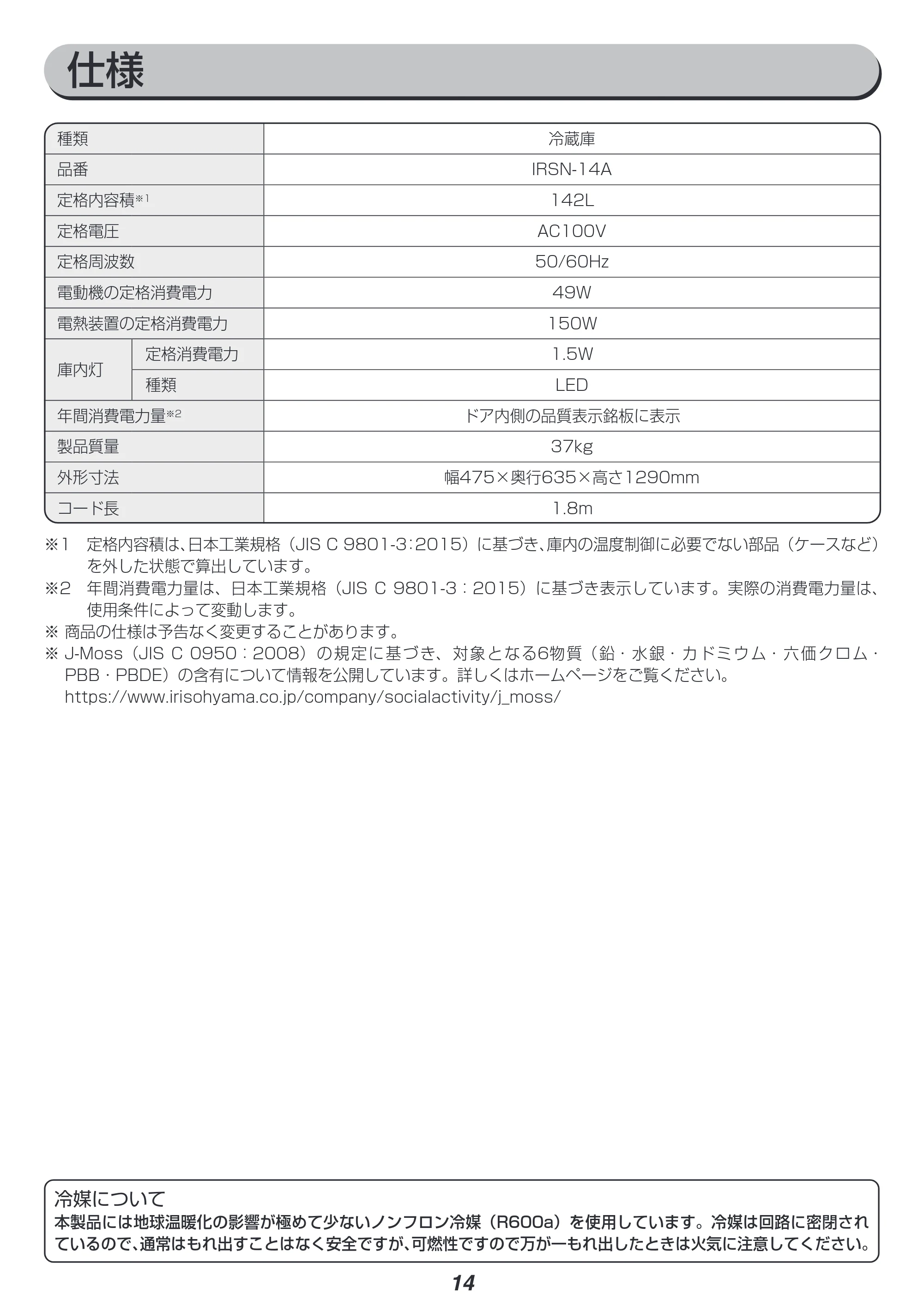 アイリスオーヤマ IRSN-14A 取扱説明書 — 原本ページ — 14ページ