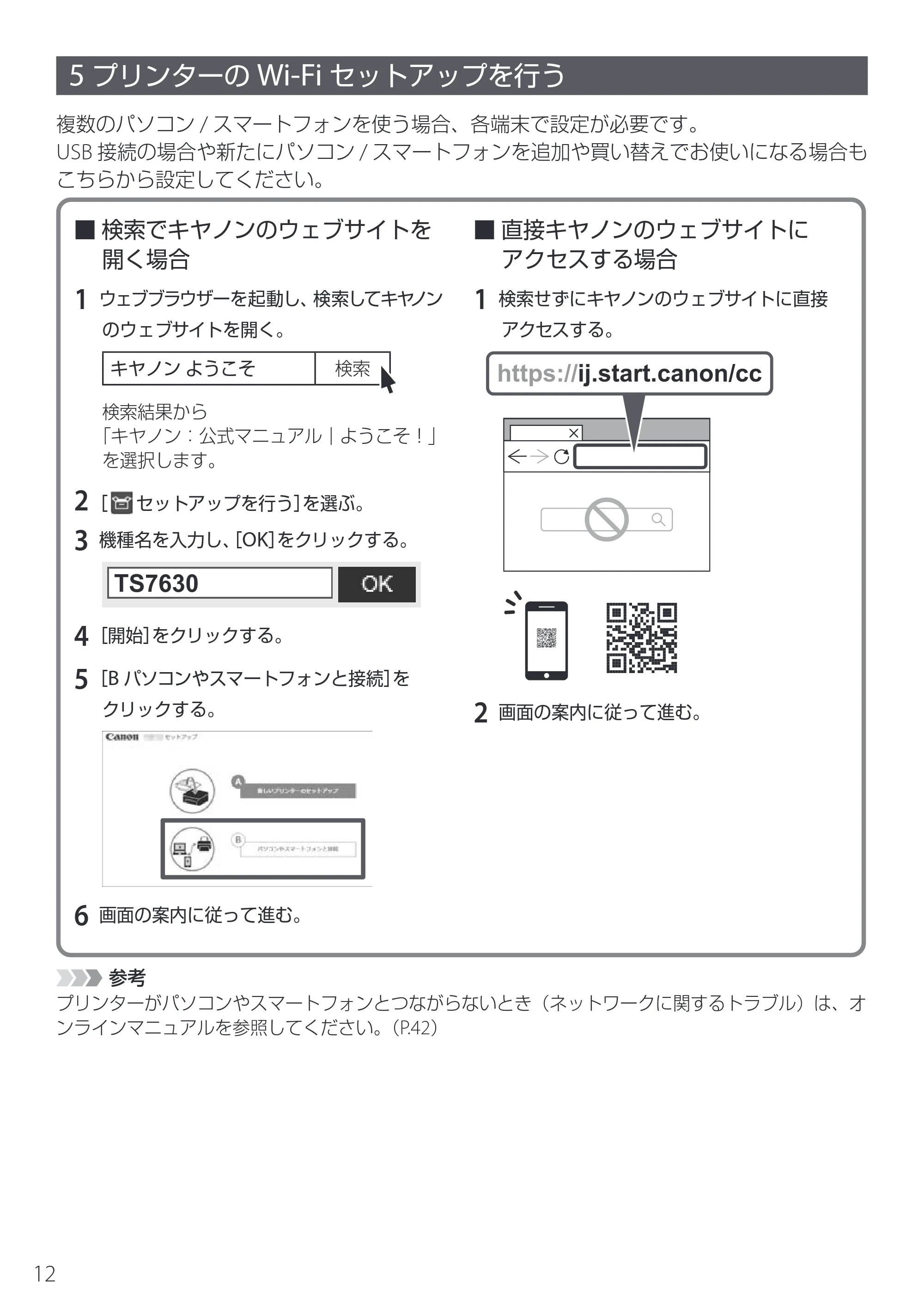 キヤノン PIXUS TS7630 設置・基本操作マニュアル 2025年10月22日掲載（PDF：5.1MB） — 5 プリンターのWi-Fiセットアップを行う — 原本ページ — 14ページ