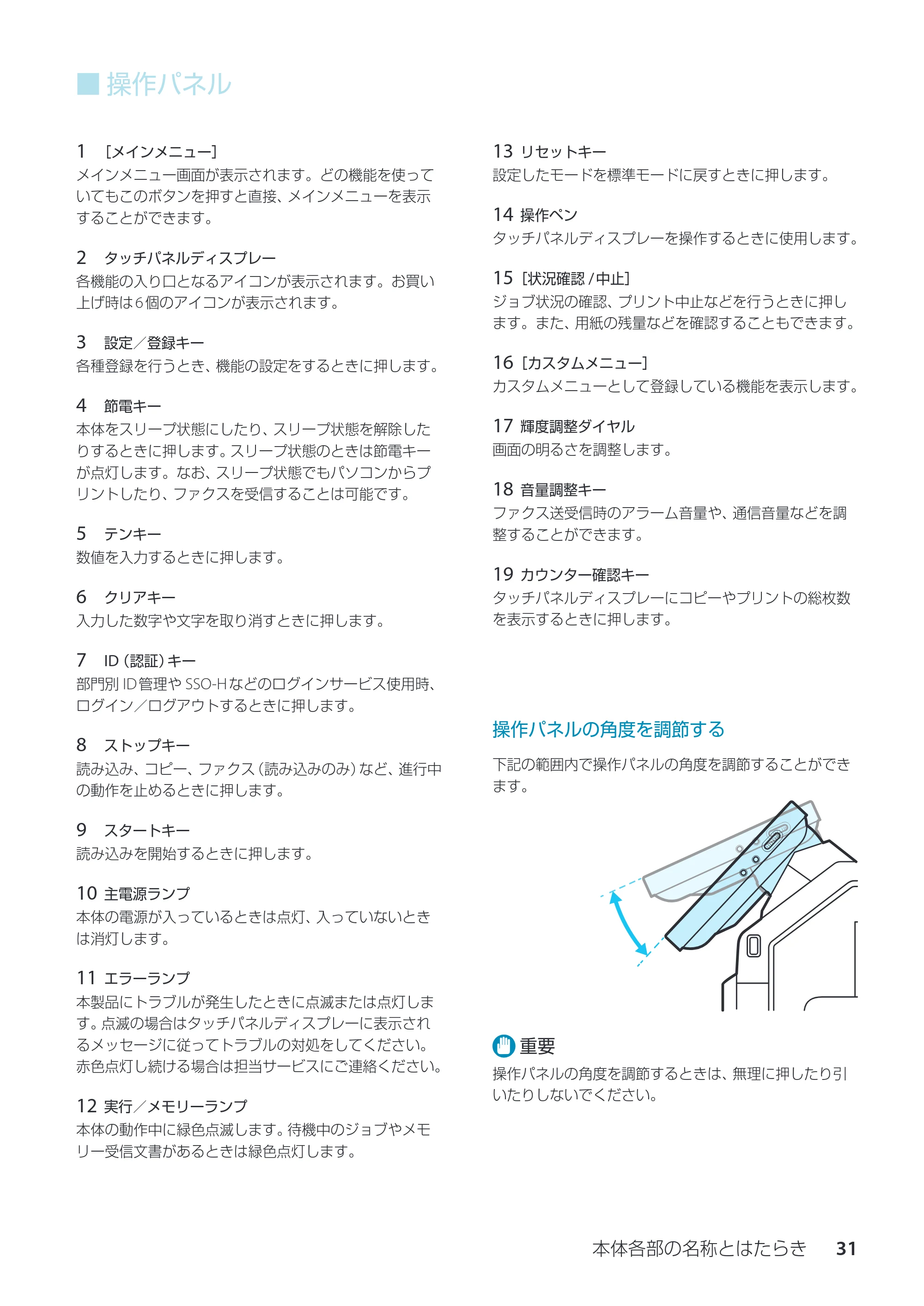 キヤノン imageRUNNER ADVANCE C350F スタートアップとメンテナンス 2014年10月17日更新（PDF：10.46MB） — 操作パネルの角度を調節する — 原本ページ — 33ページ