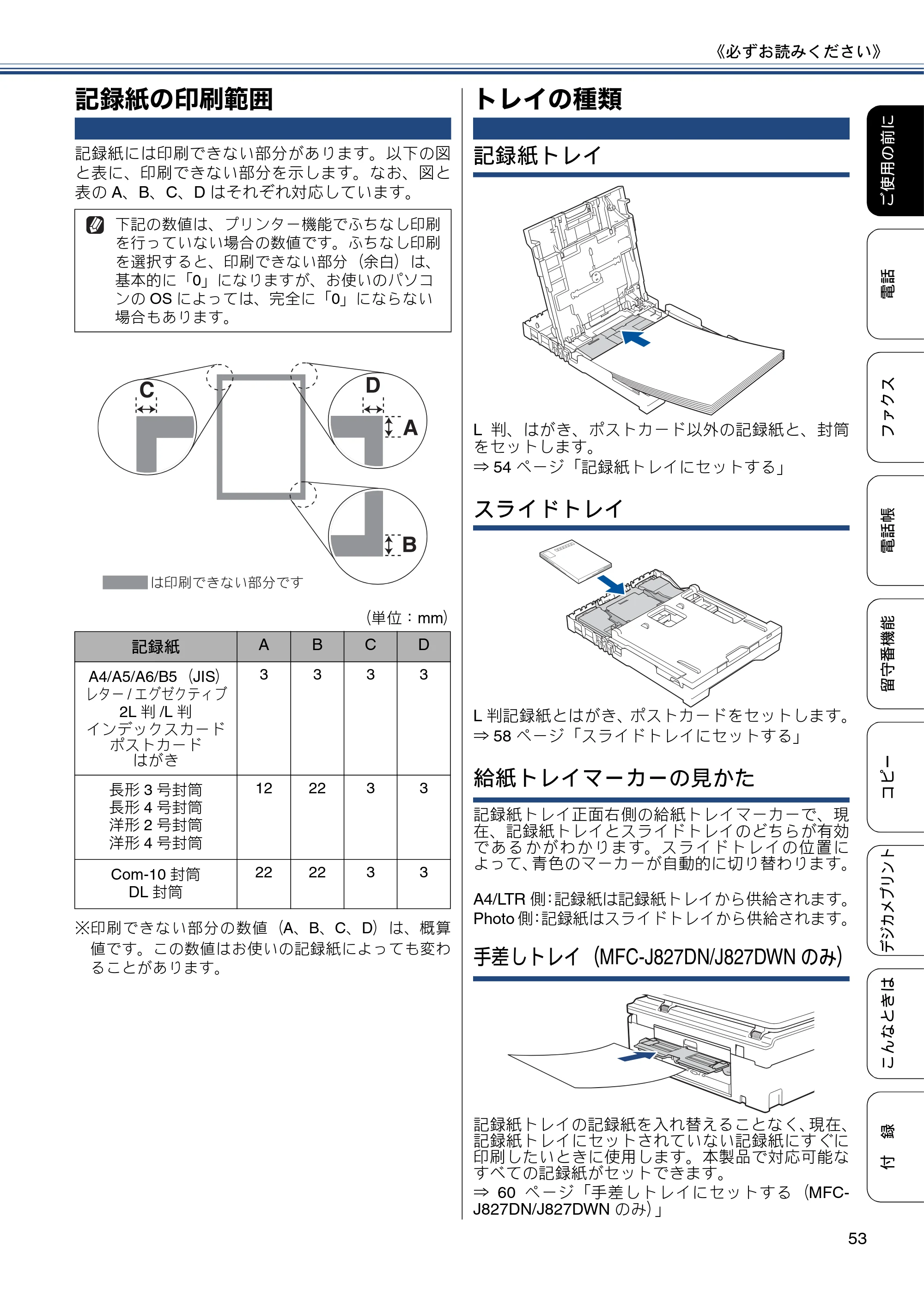 ブラザー MFC-J827DN / MFC-J827DWN / MFC-J897DN / MFC-J897DWN ユーザーズガイド ～基本編～ — 記録紙の印刷範囲 — 原本ページ — 53ページ