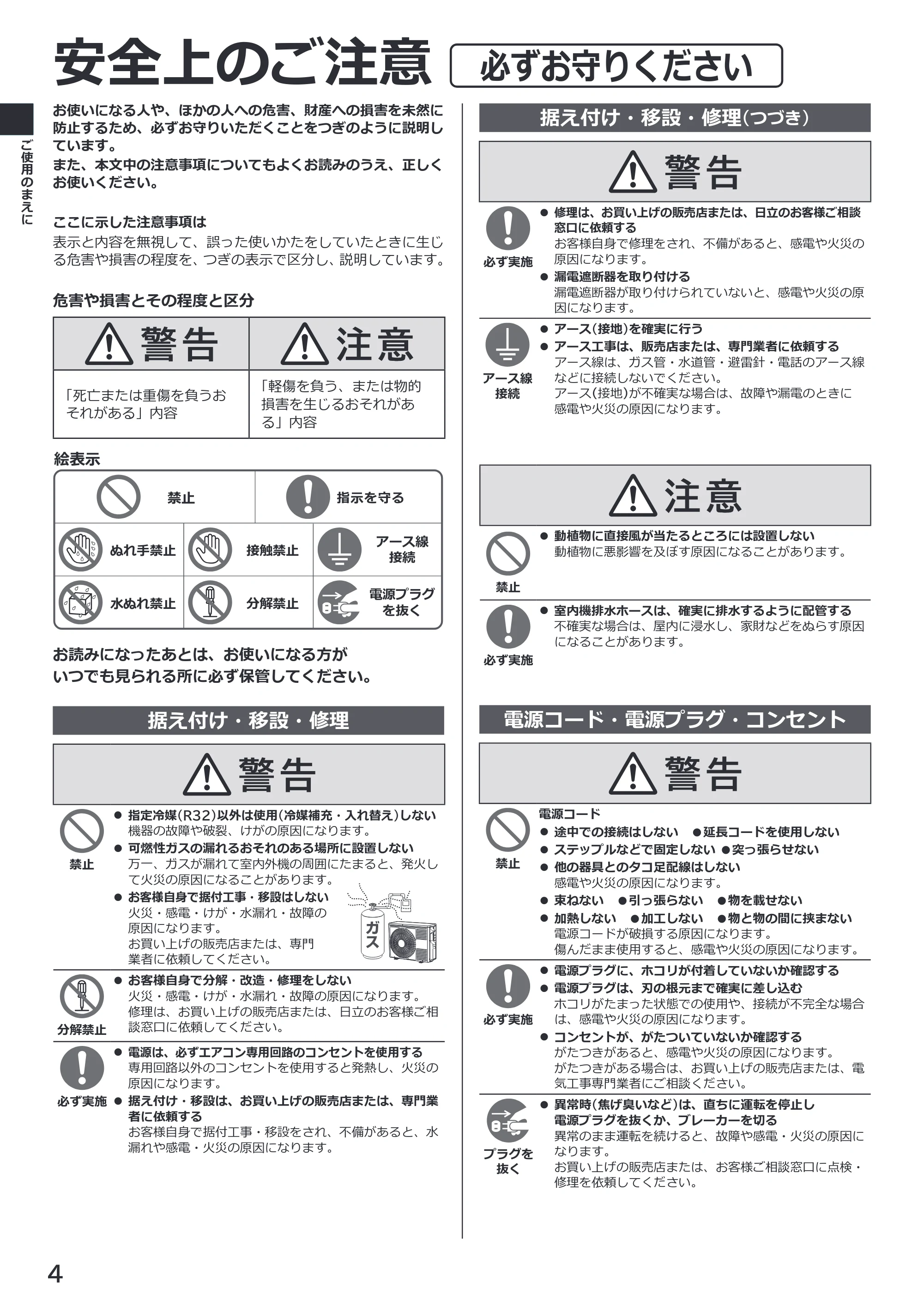 日立 RAS-BZ2226S / RAS-BZ2526S / RAS-BZ2826S 取扱説明書 — 安全上のご注意 — 原本ページ — 4ページ