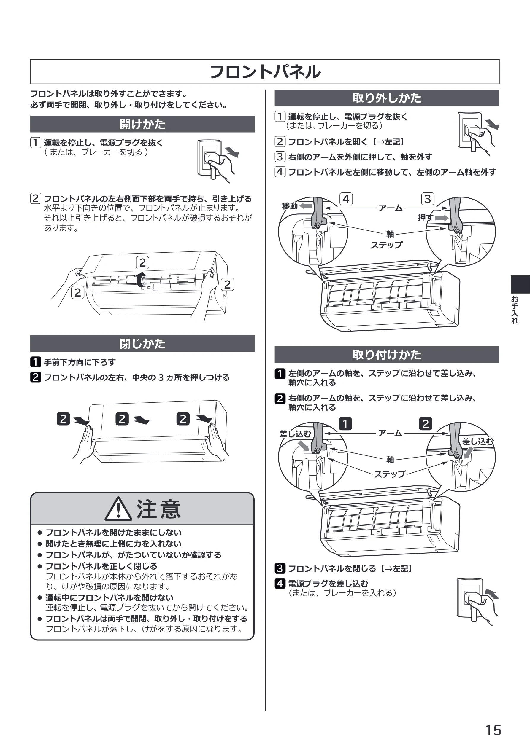 日立 RAS-BZ2226S / RAS-BZ2526S / RAS-BZ2826S 取扱説明書 — フロントパネル — 図版 15-1 — 15ページ
