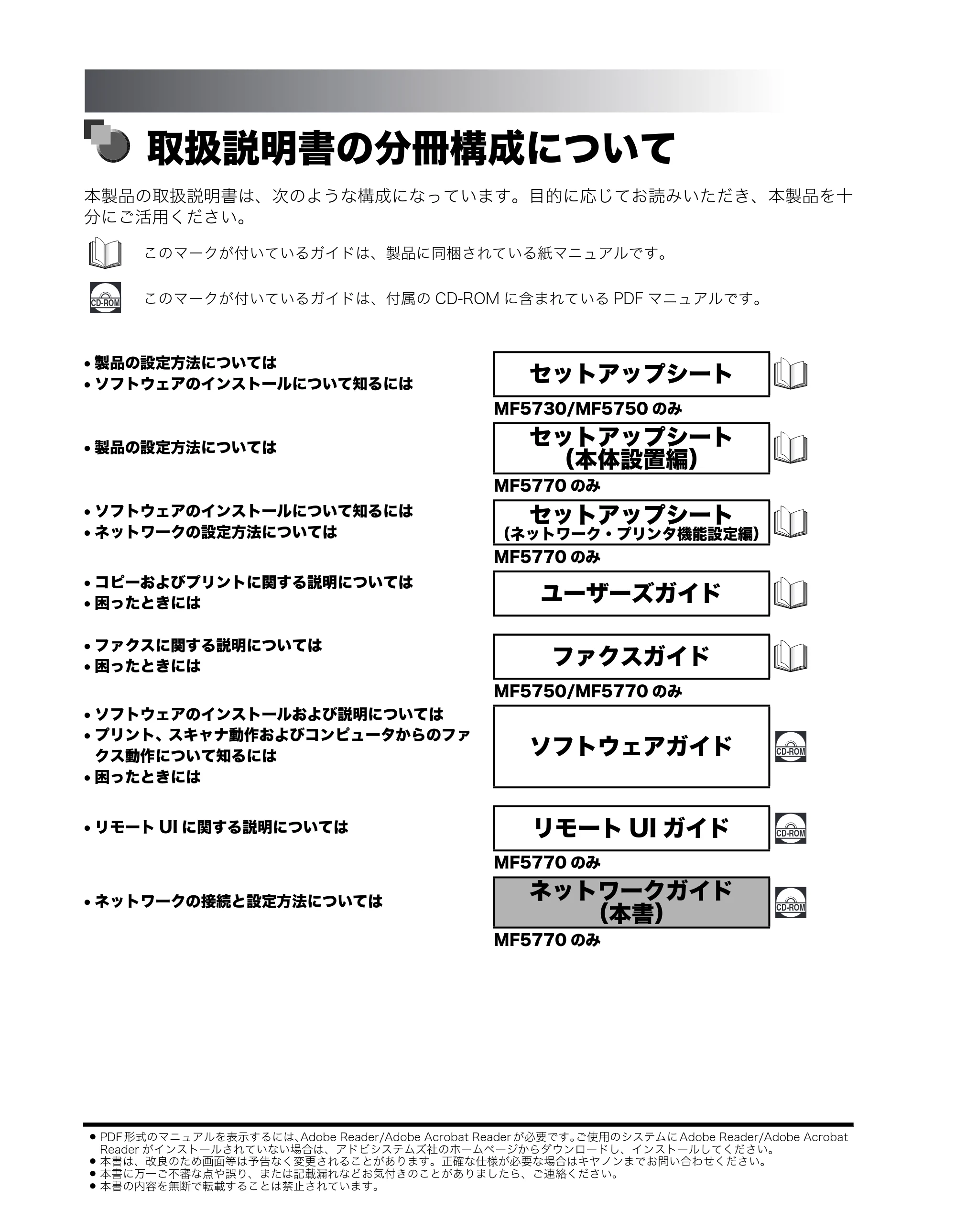 キヤノン MF5770 ネットワークガイド (PDF形式/1.52Mバイト) — 取扱説明書の分冊構成について — 原本ページ — 2ページ