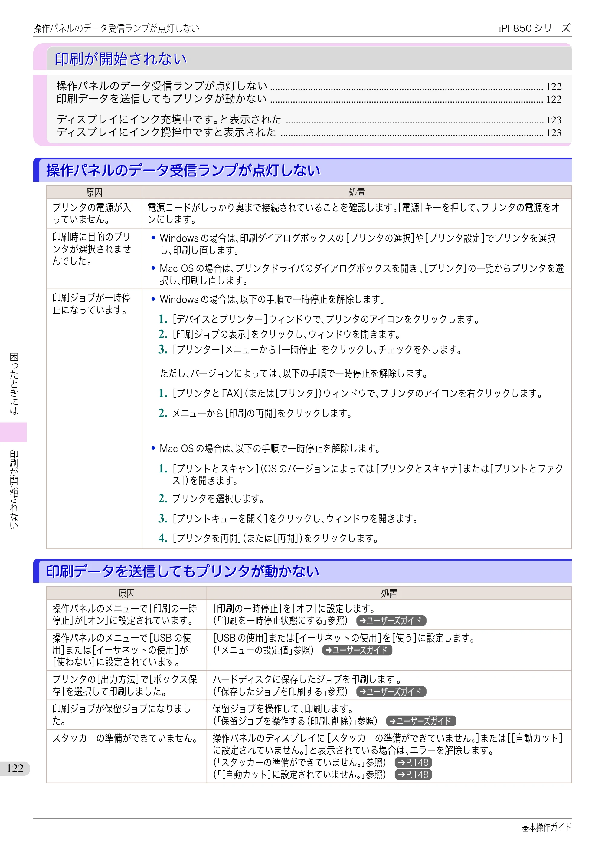 キヤノン iPF830/840/850 iPF850 基本操作ガイド（PDF：8.54MB） — 印刷が開始されない — 原本ページ — 122ページ