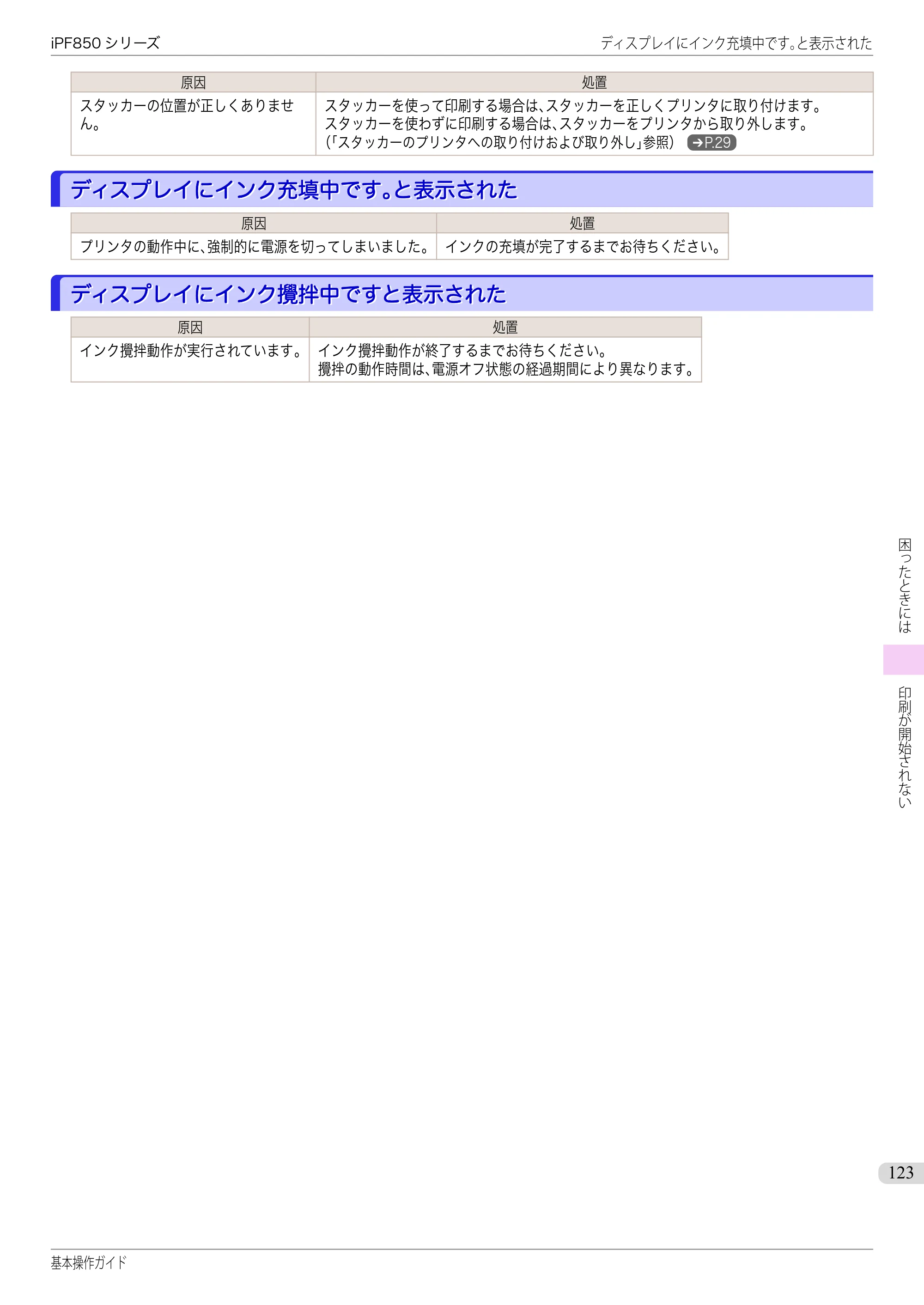 キヤノン iPF830/840/850 iPF850 基本操作ガイド（PDF：8.54MB） — ディスプレイにインク充填中です｡と表示された — 原本ページ — 123ページ