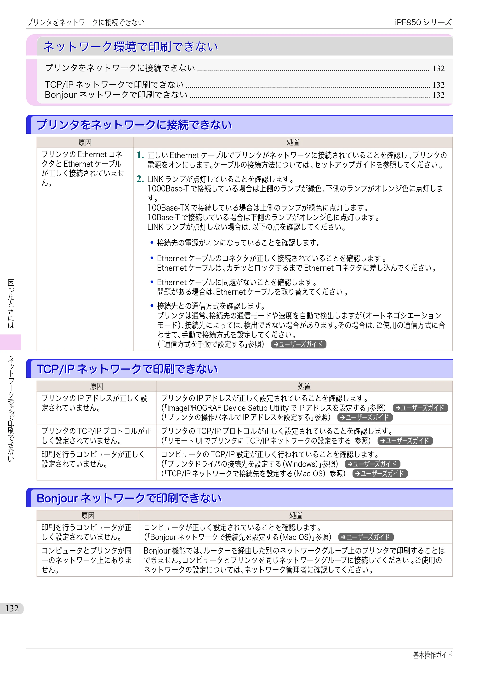 キヤノン iPF830/840/850 iPF850 基本操作ガイド（PDF：8.54MB） — ネットワーク環境で印刷できない — 原本ページ — 132ページ