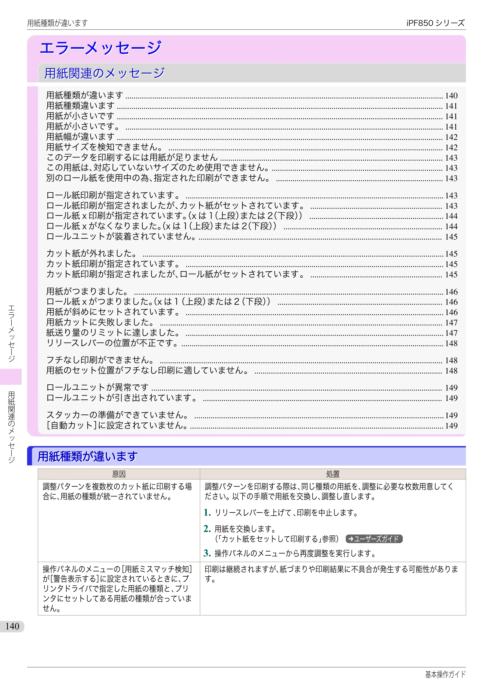 キヤノン iPF830/840/850 iPF850 基本操作ガイド（PDF：8.54MB） — エラーメッセージ — 原本ページ — 140ページ