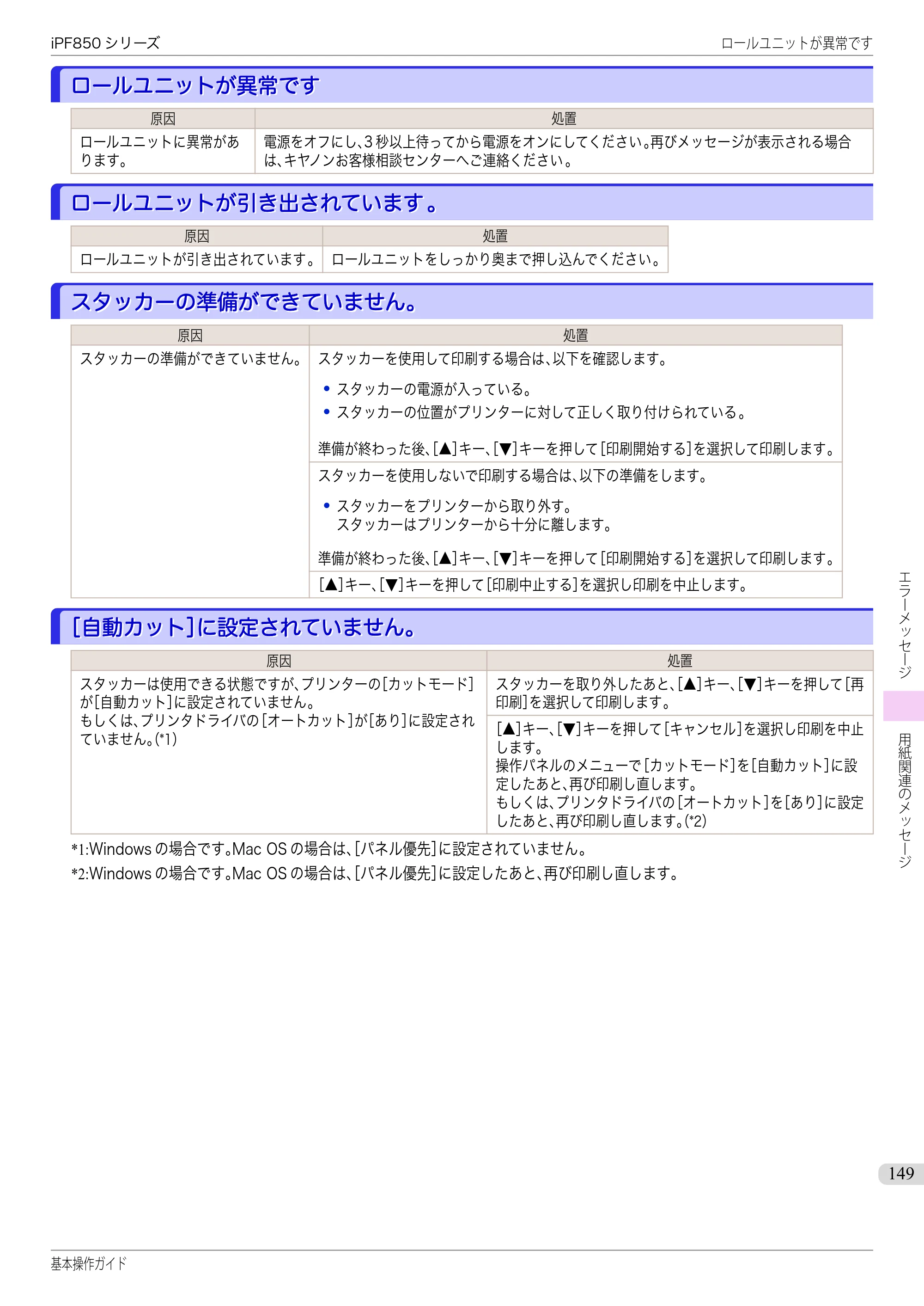 キヤノン iPF830/840/850 iPF850 基本操作ガイド（PDF：8.54MB） — ロールユニットが異常です — 原本ページ — 149ページ