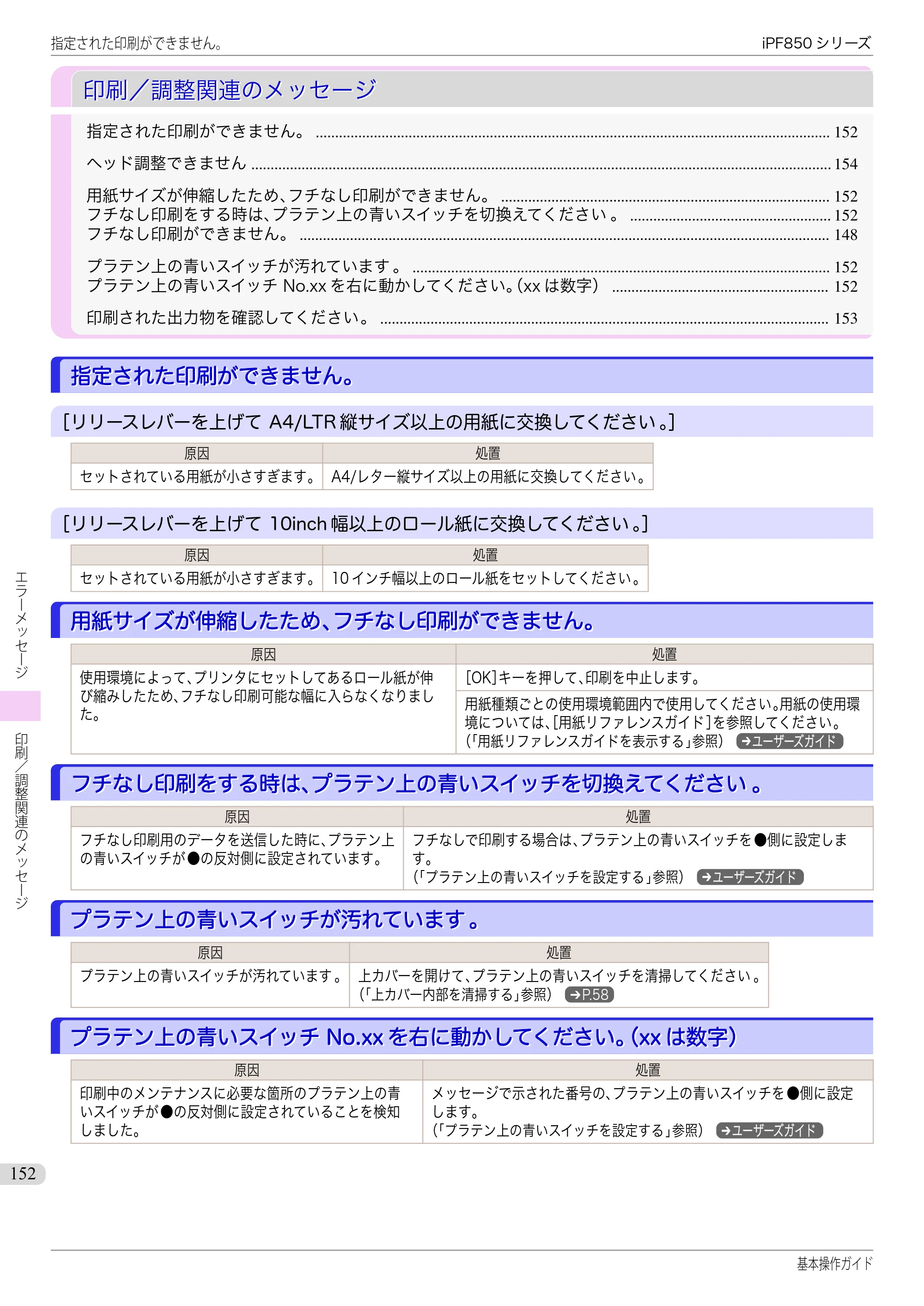 キヤノン iPF830/840/850 iPF850 基本操作ガイド（PDF：8.54MB） — 印刷／調整関連のメッセージ — 原本ページ — 152ページ