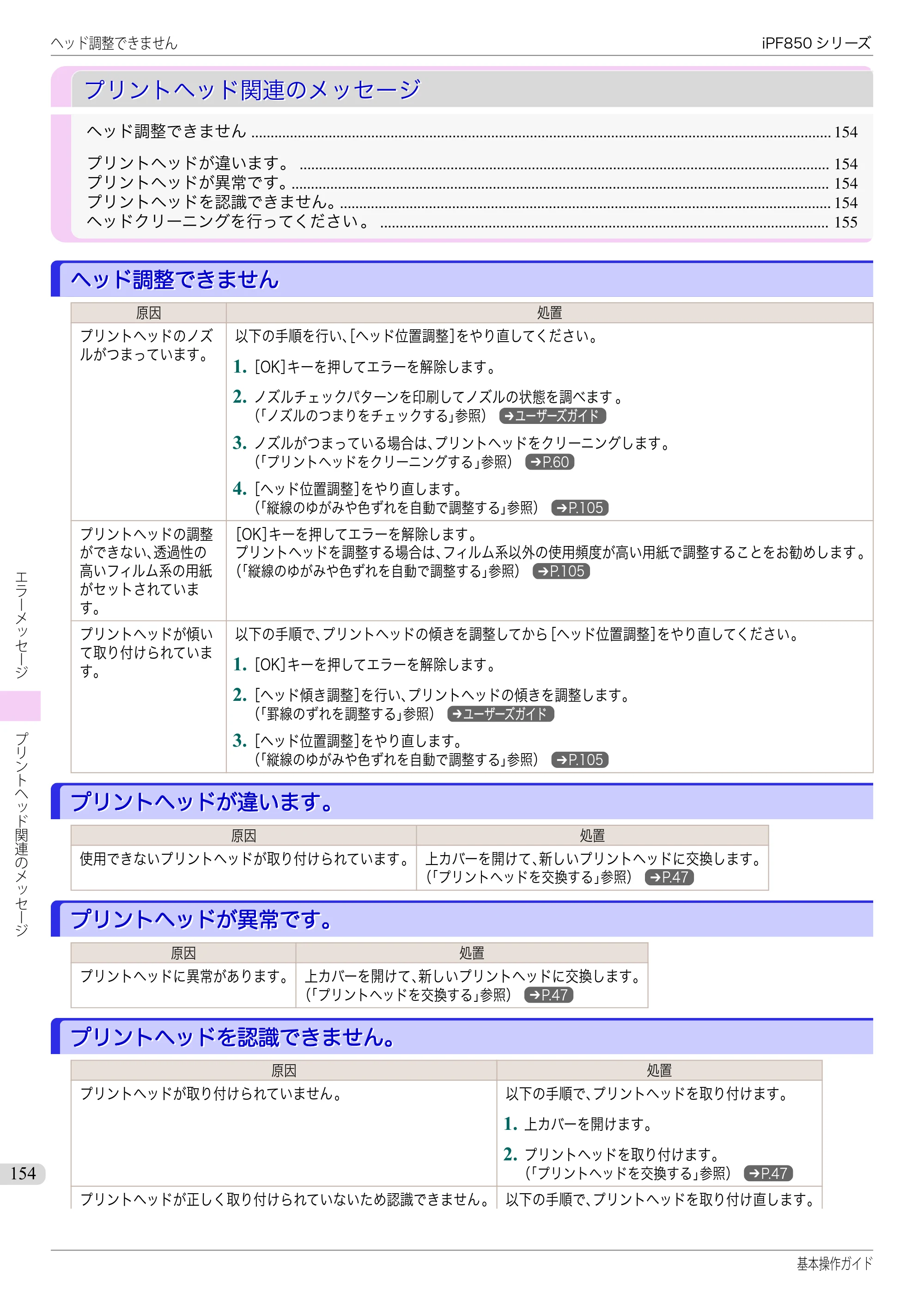 キヤノン iPF830/840/850 iPF850 基本操作ガイド（PDF：8.54MB） — プリントヘッド関連のメッセージ — 原本ページ — 154ページ