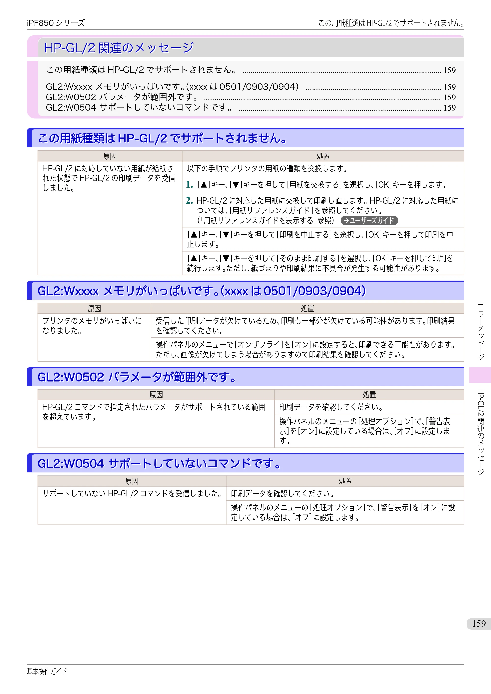 キヤノン iPF830/840/850 iPF850 基本操作ガイド（PDF：8.54MB） — HP-GL/2関連のメッセージ — 原本ページ — 159ページ