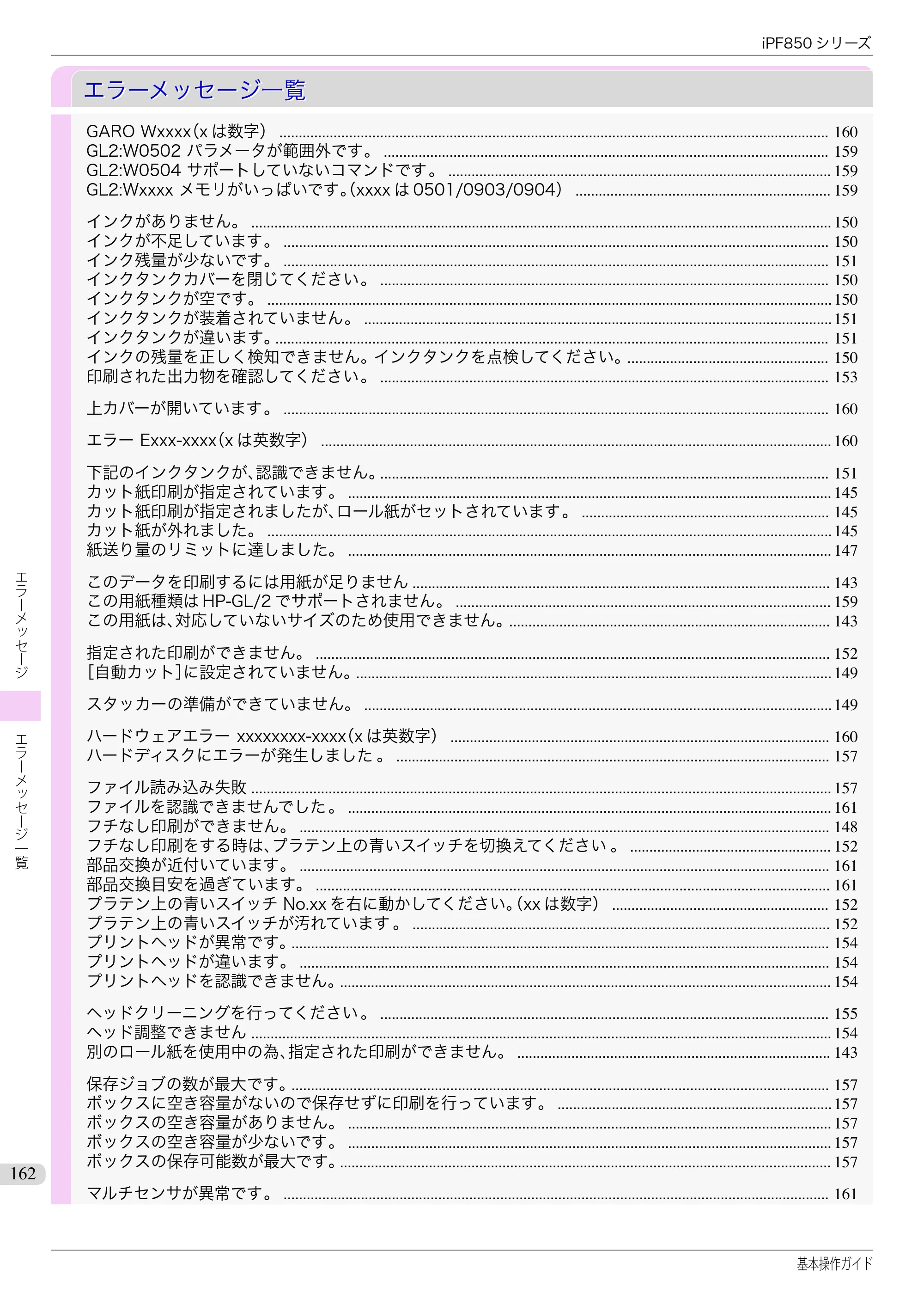 キヤノン iPF830/840/850 iPF850 基本操作ガイド（PDF：8.54MB） — エラーメッセージ一覧 — 原本ページ — 162ページ