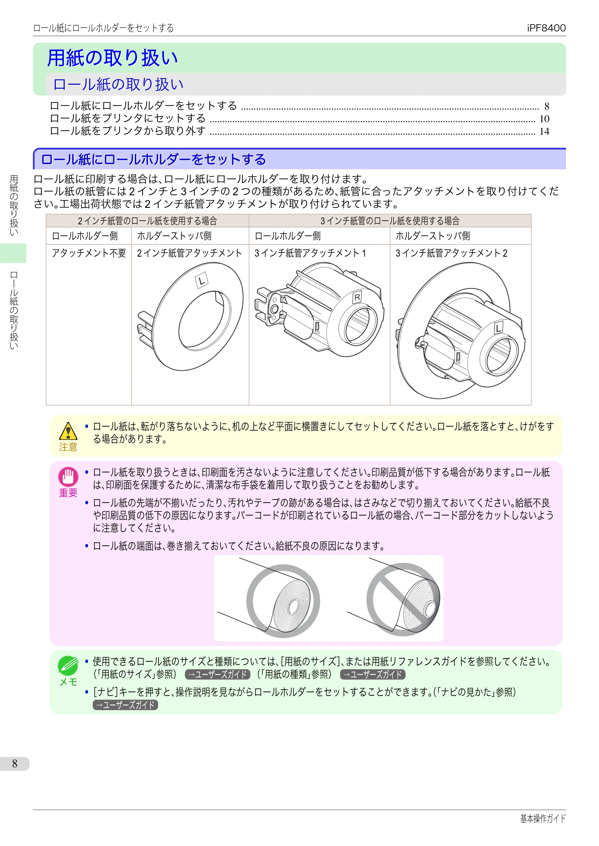 キヤノン iPF8400 基本操作ガイド（PDF：19.4MB） — 用紙の取り扱い — 原本ページ — 8ページ
