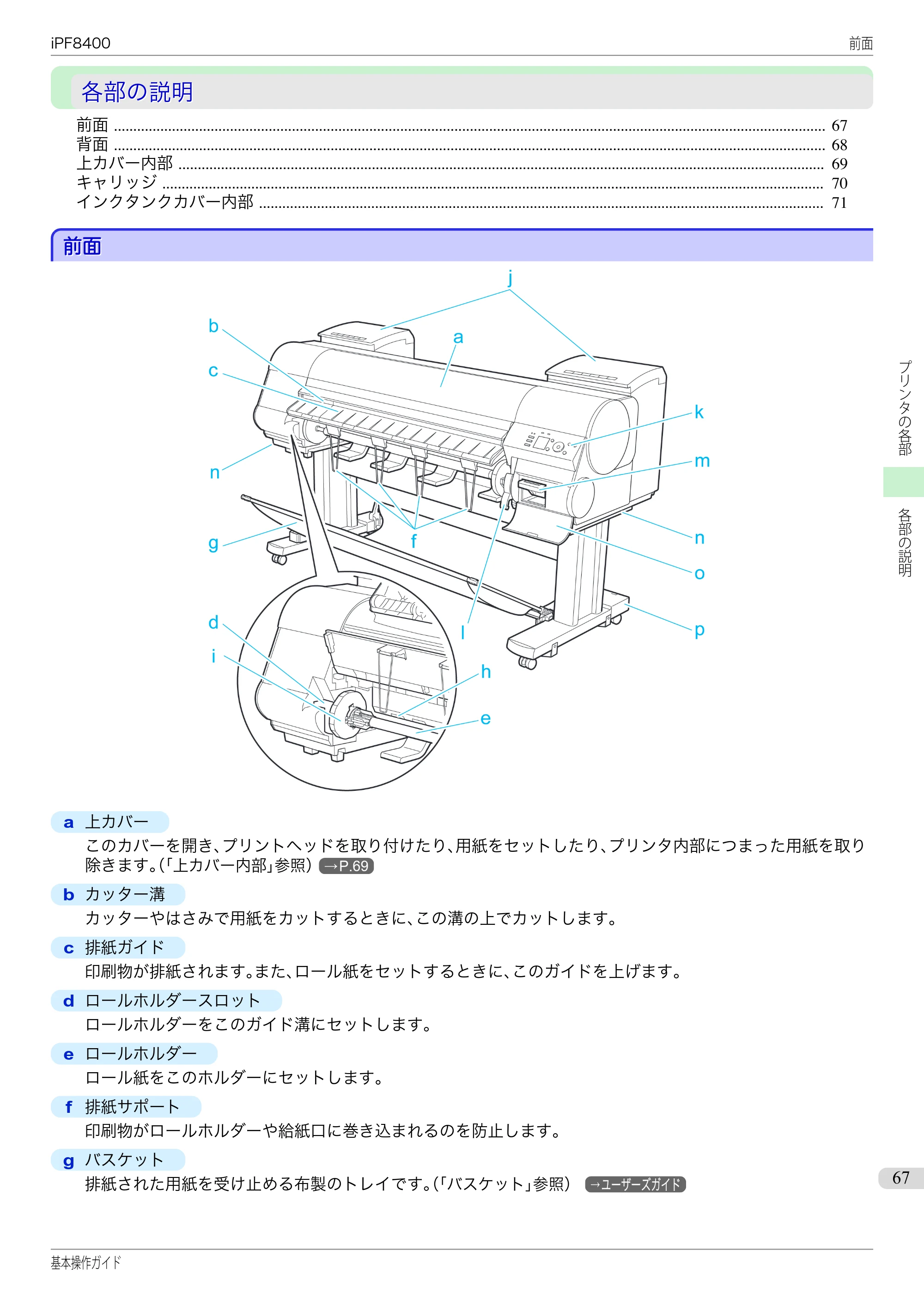 キヤノン iPF8400 基本操作ガイド（PDF：19.4MB） — 各部の説明 — 原本ページ — 67ページ