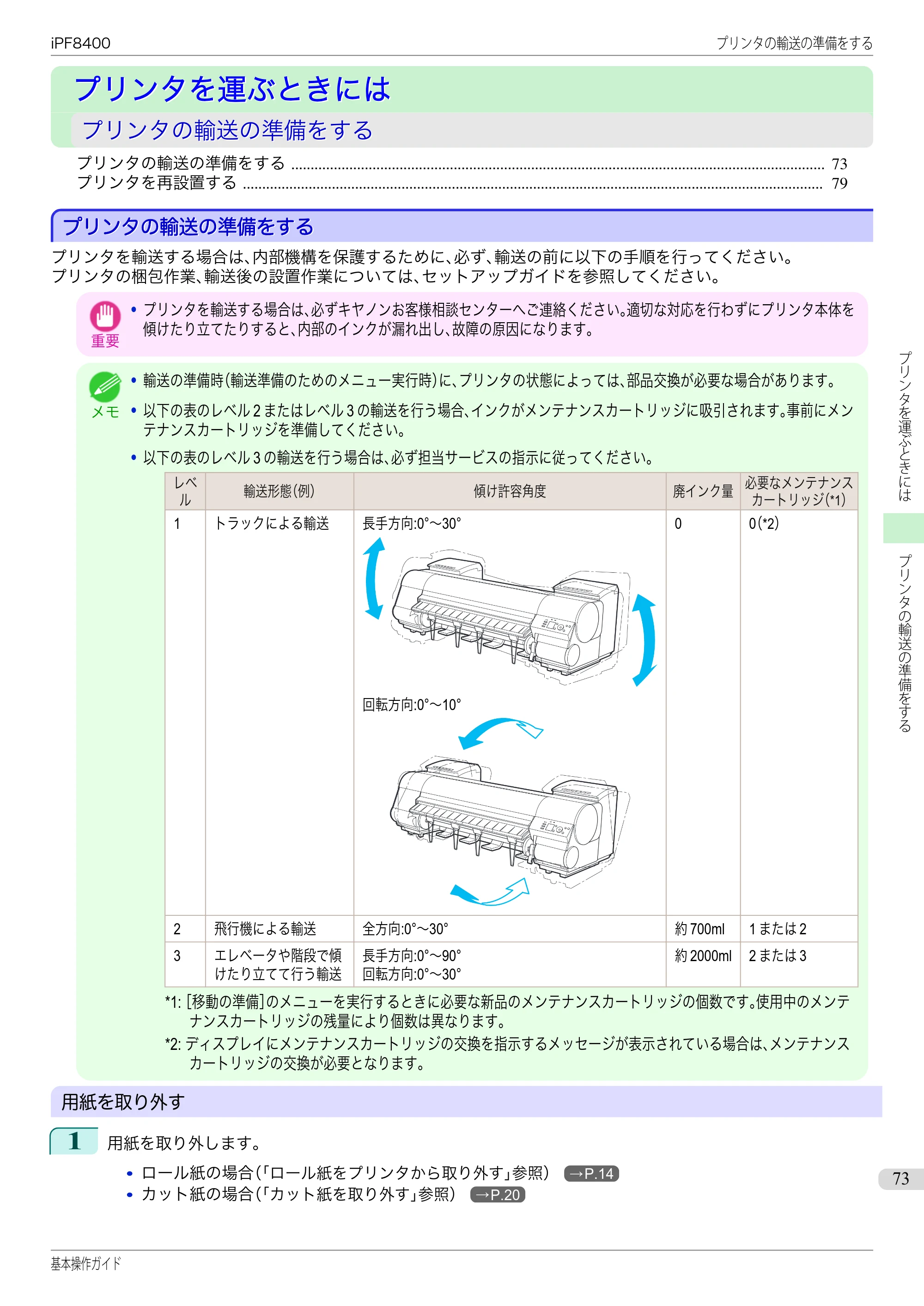 キヤノン iPF8400 基本操作ガイド（PDF：19.4MB） — プリンタを運ぶときには — 原本ページ — 73ページ