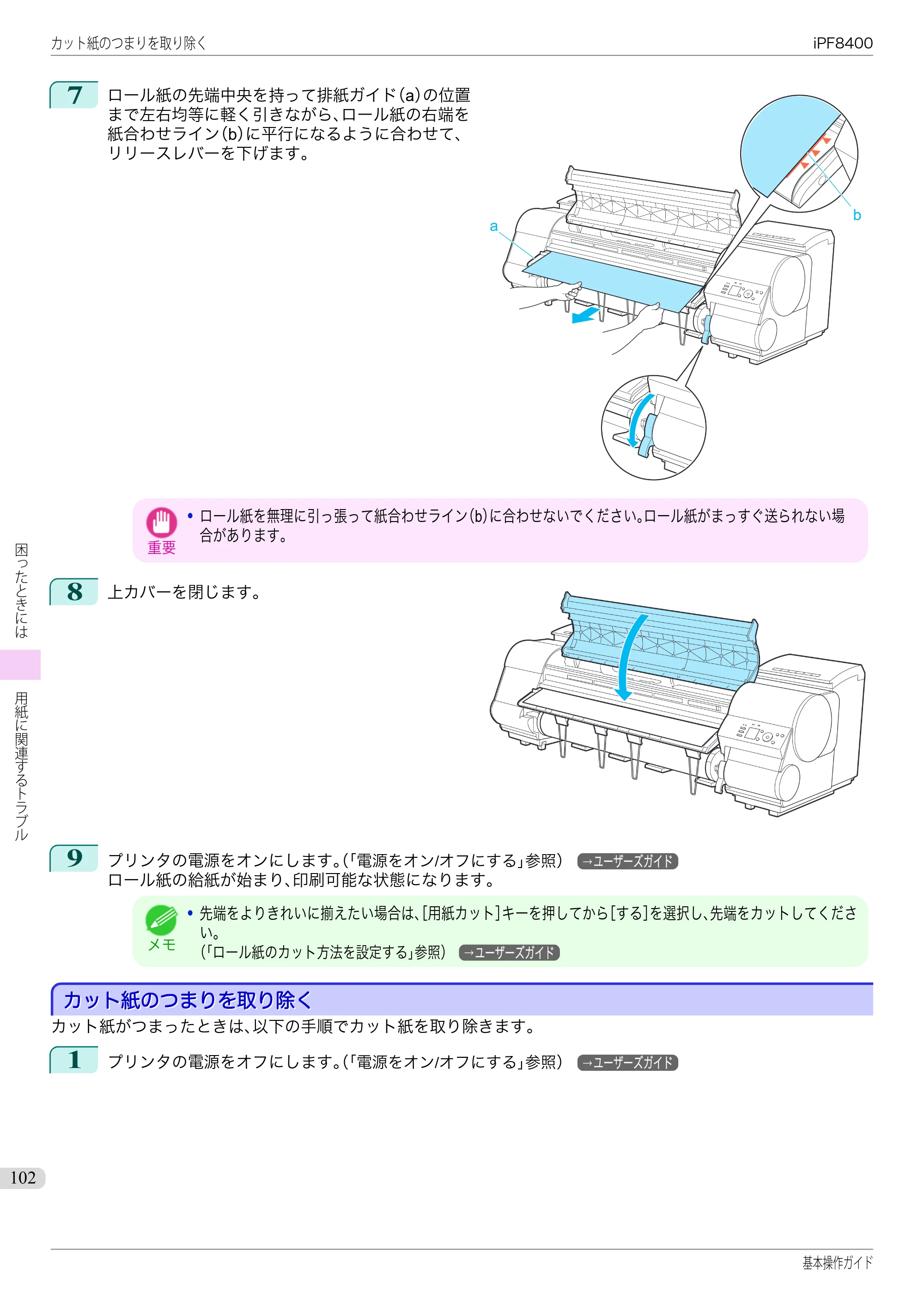 キヤノン iPF8400 基本操作ガイド（PDF：19.4MB） — カット紙のつまりを取り除く — 原本ページ — 102ページ