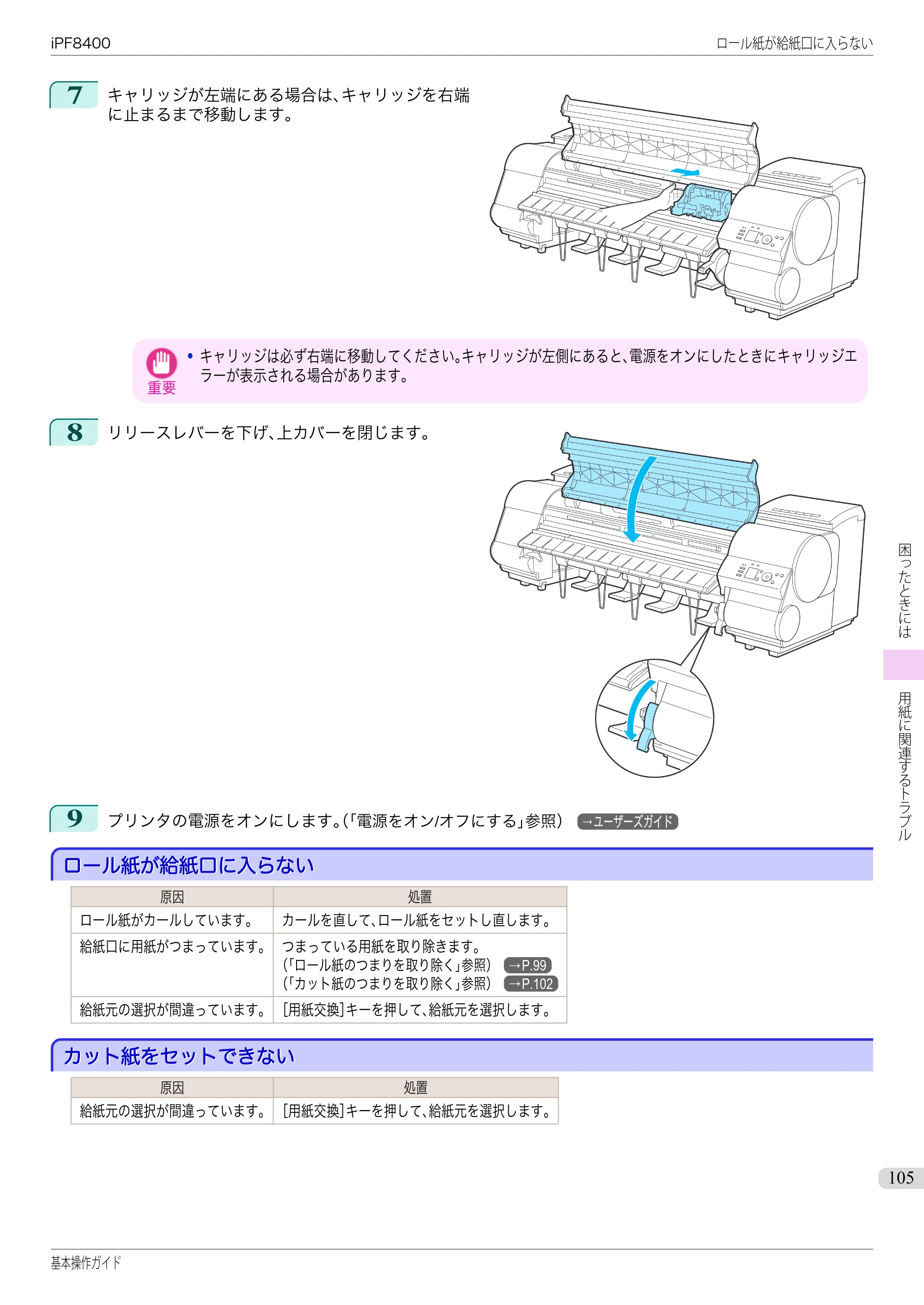 キヤノン iPF8400 基本操作ガイド（PDF：19.4MB） — ロール紙が給紙口に入らない — 原本ページ — 105ページ
