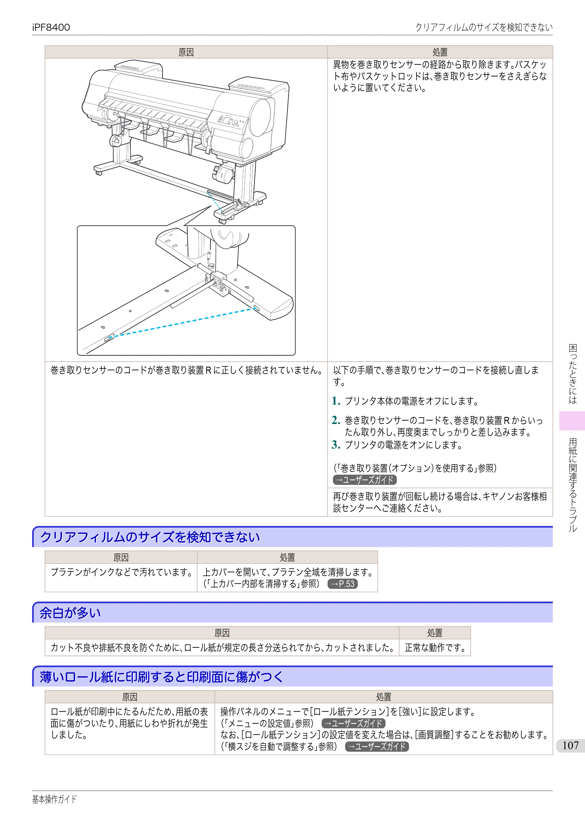 キヤノン iPF8400 基本操作ガイド（PDF：19.4MB） — クリアフィルムのサイズを検知できない — 原本ページ — 107ページ