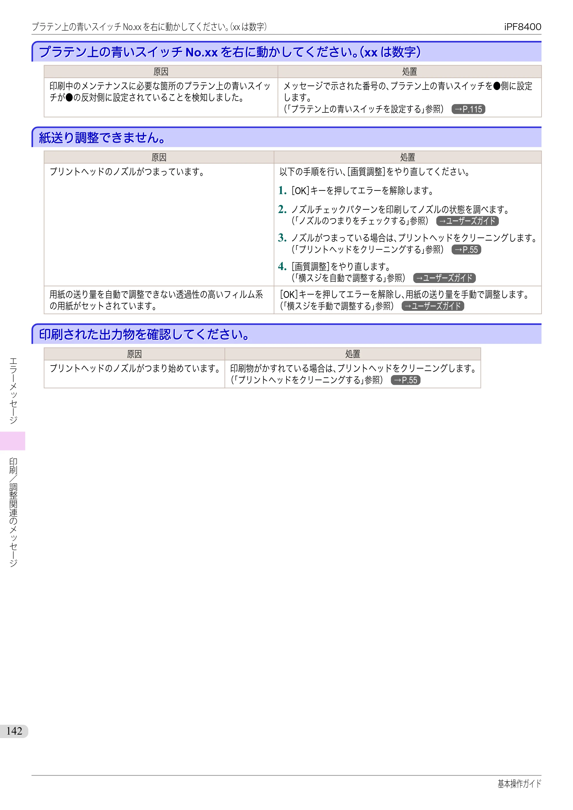 キヤノン iPF8400 基本操作ガイド（PDF：19.4MB） — プラテン上の青いスイッチNo.xxを右に動かしてください｡（xxは数字） — 原本ページ — 142ページ