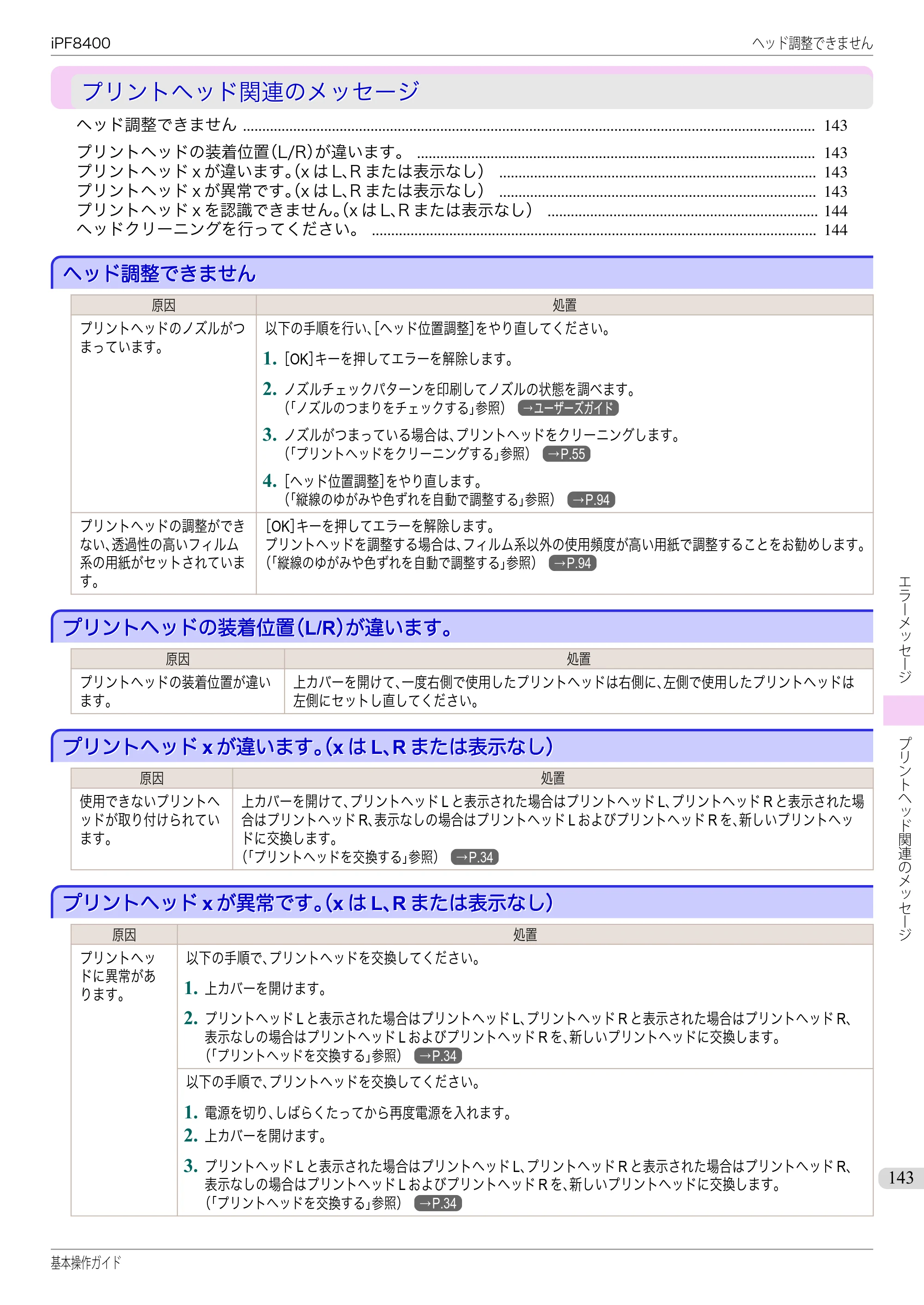キヤノン iPF8400 基本操作ガイド（PDF：19.4MB） — プリントヘッド関連のメッセージ — 原本ページ — 143ページ