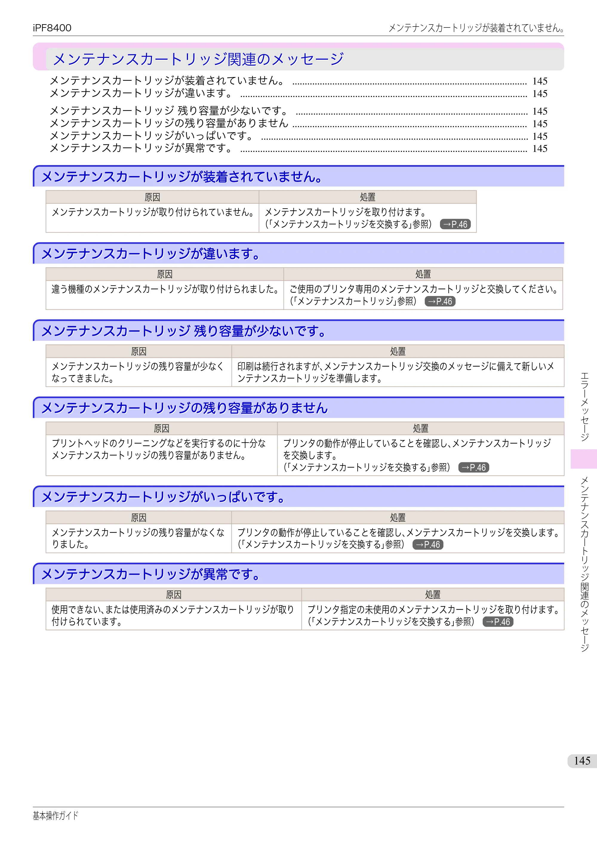 キヤノン iPF8400 基本操作ガイド（PDF：19.4MB） — メンテナンスカートリッジ関連のメッセージ — 原本ページ — 145ページ