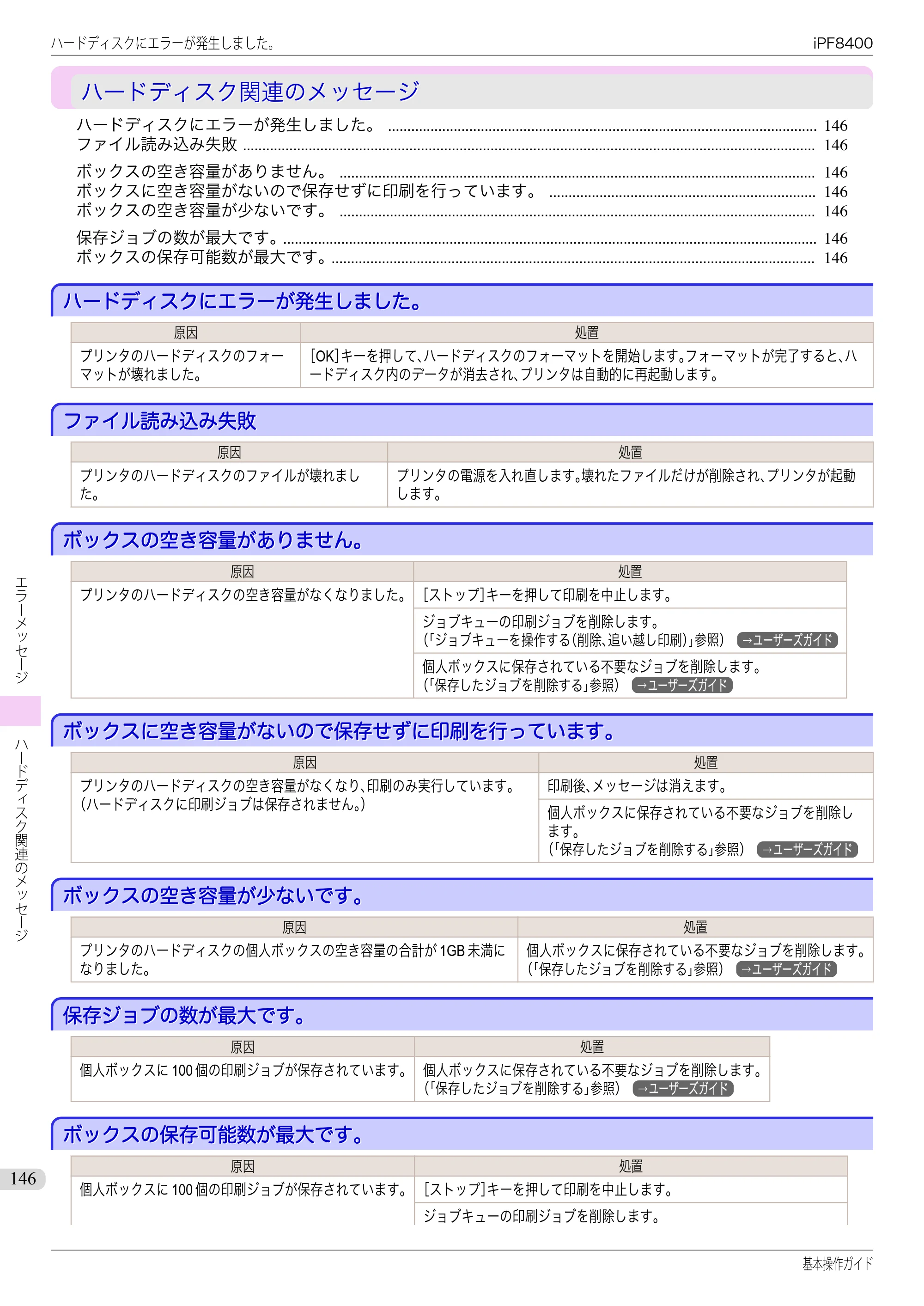 キヤノン iPF8400 基本操作ガイド（PDF：19.4MB） — ハードディスク関連のメッセージ — 原本ページ — 146ページ
