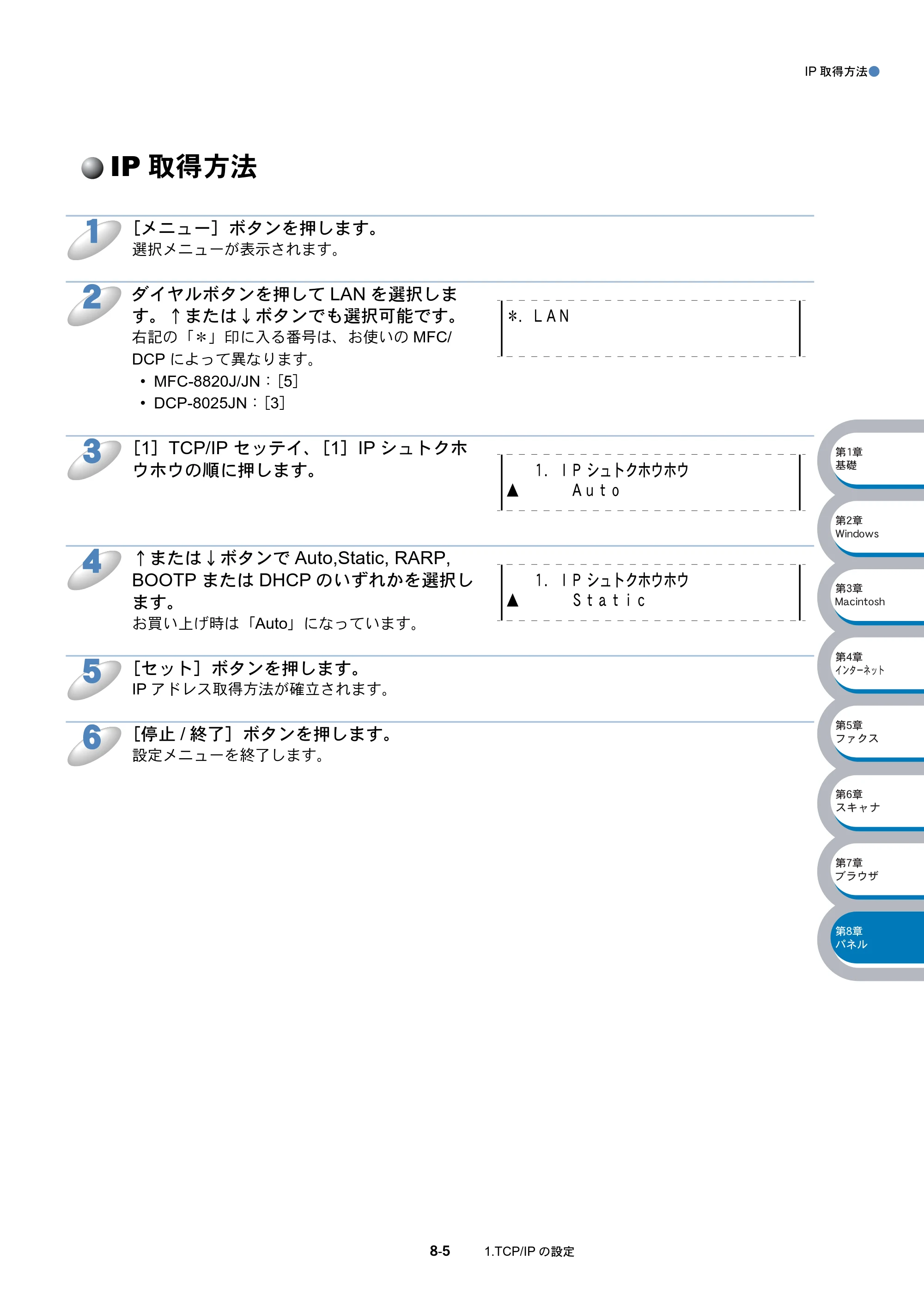 ブラザー DCP-8025J / DCP-8025JN / MFC-8820J ネットワーク取扱説明書 — IP取得方法 — 原本ページ — 116ページ