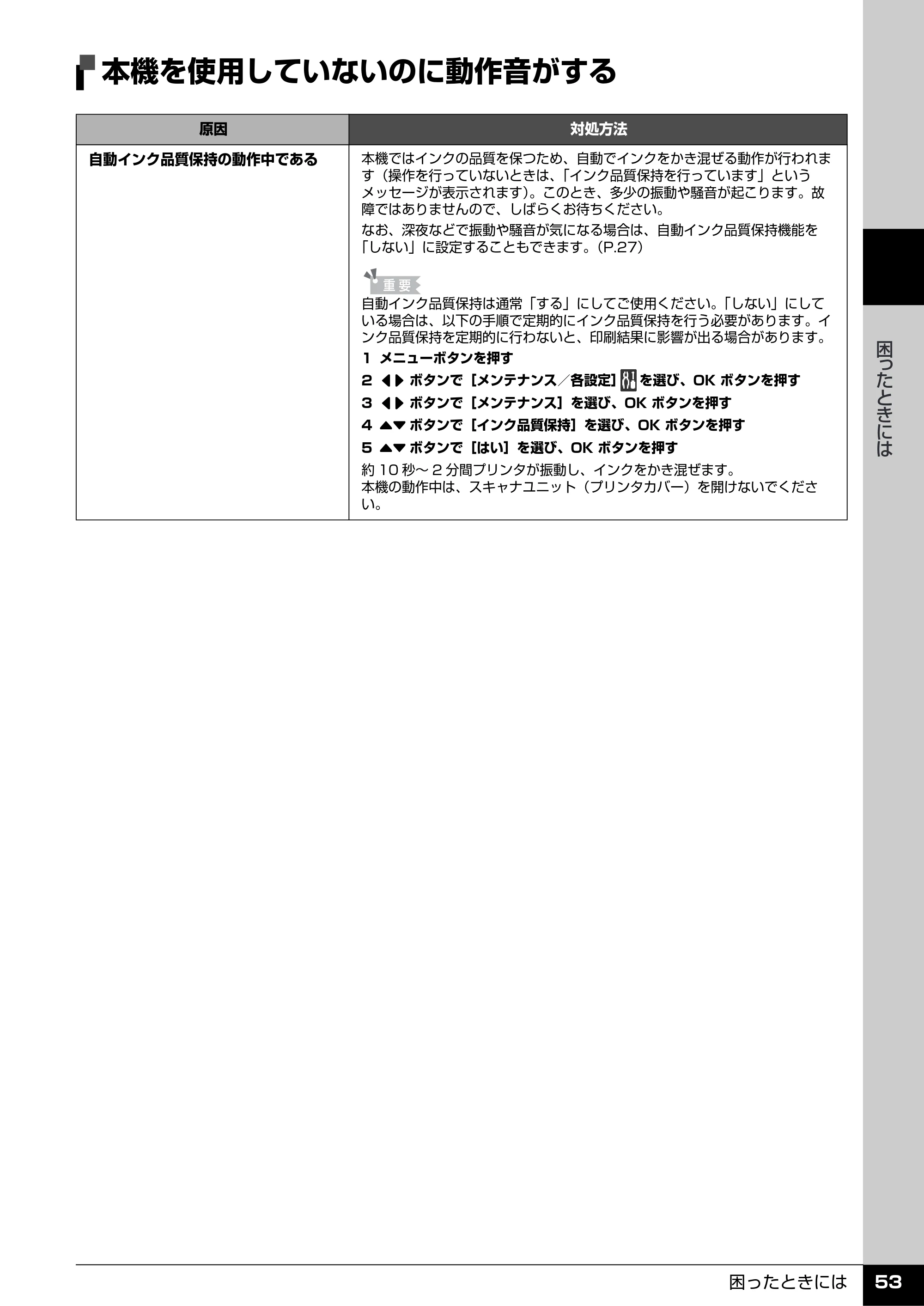 キヤノン PIXUS MX7600 操作ガイド (お手入れ・困ったときには編) (PDF形式/7.23Mバイト) — 本機を使用していないのに動作音がする — 原本ページ — 54ページ