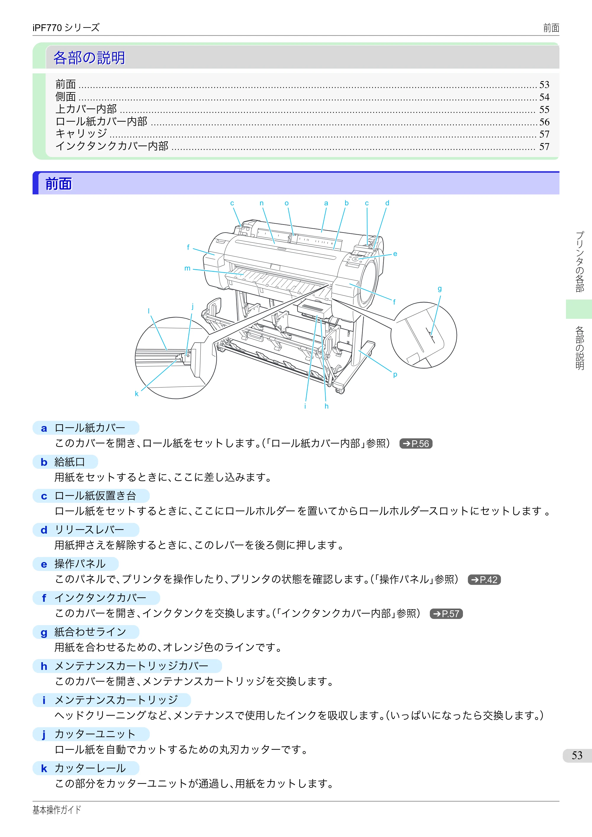 キヤノン iPF670/770シリーズ・iPF-670/770 MFPシリーズ iPF770シリーズ 基本操作ガイド（PDF：6.78MB） — 各部の説明 — 原本ページ — 53ページ
