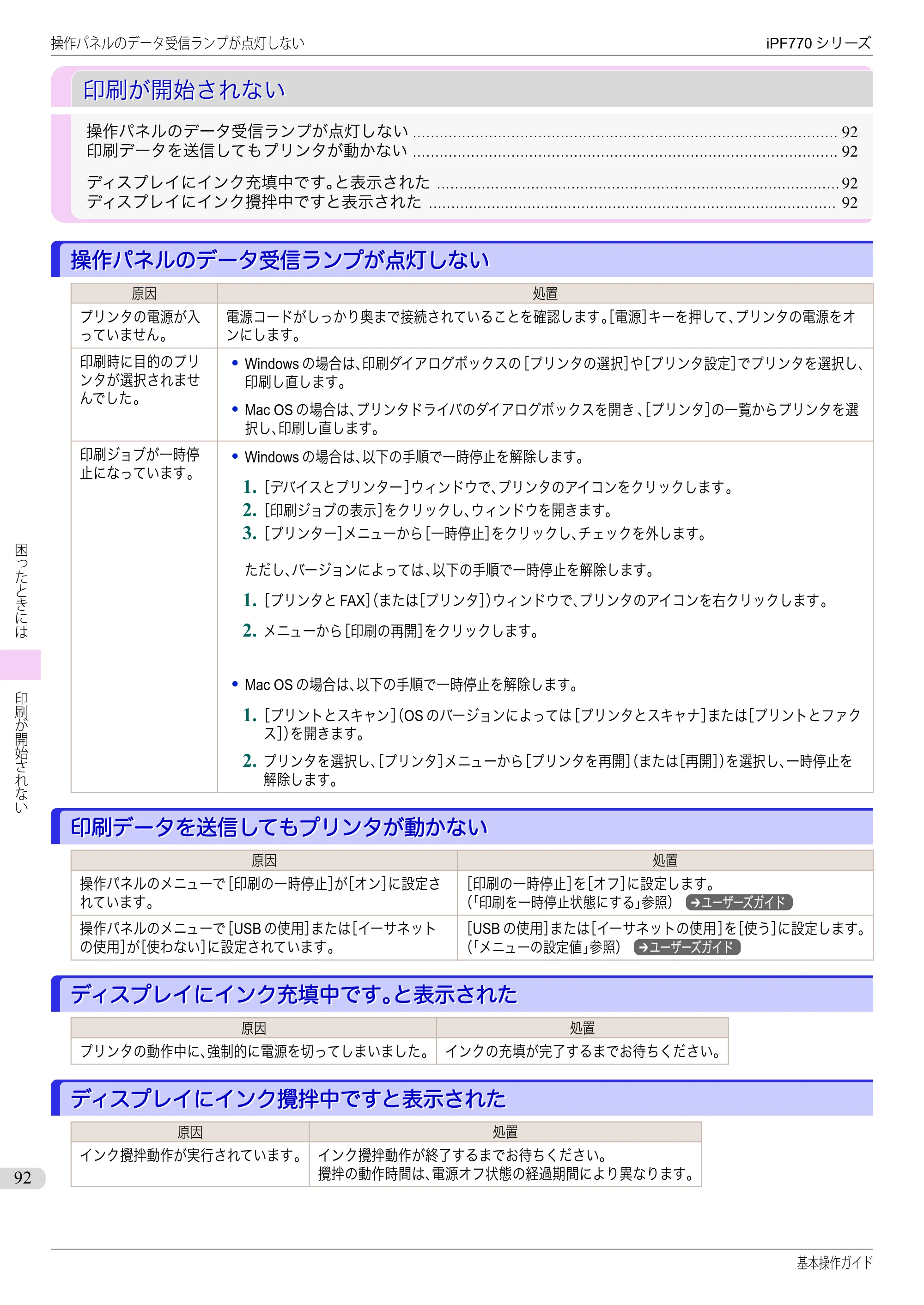 キヤノン iPF670/770シリーズ・iPF-670/770 MFPシリーズ iPF770シリーズ 基本操作ガイド（PDF：6.78MB） — 印刷が開始されない — 原本ページ — 92ページ