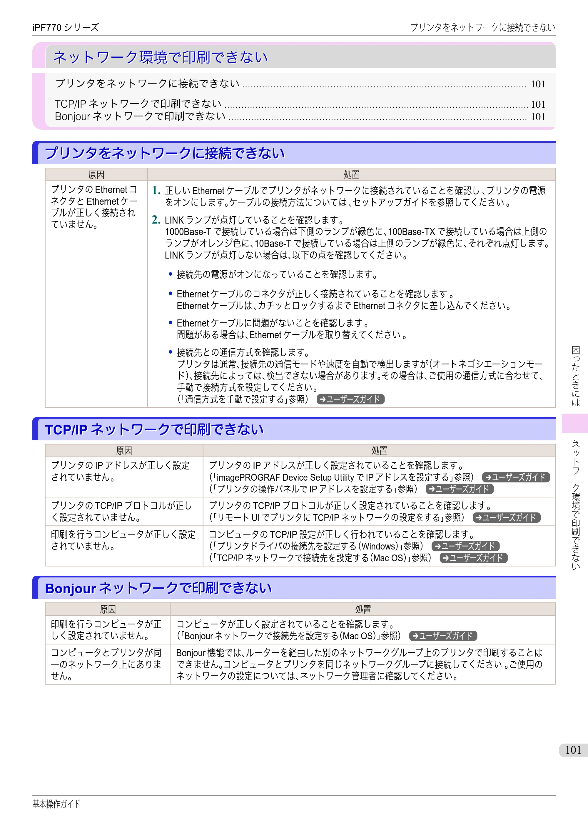 キヤノン iPF670/770シリーズ・iPF-670/770 MFPシリーズ iPF770シリーズ 基本操作ガイド（PDF：6.78MB） — ネットワーク環境で印刷できない — 原本ページ — 101ページ