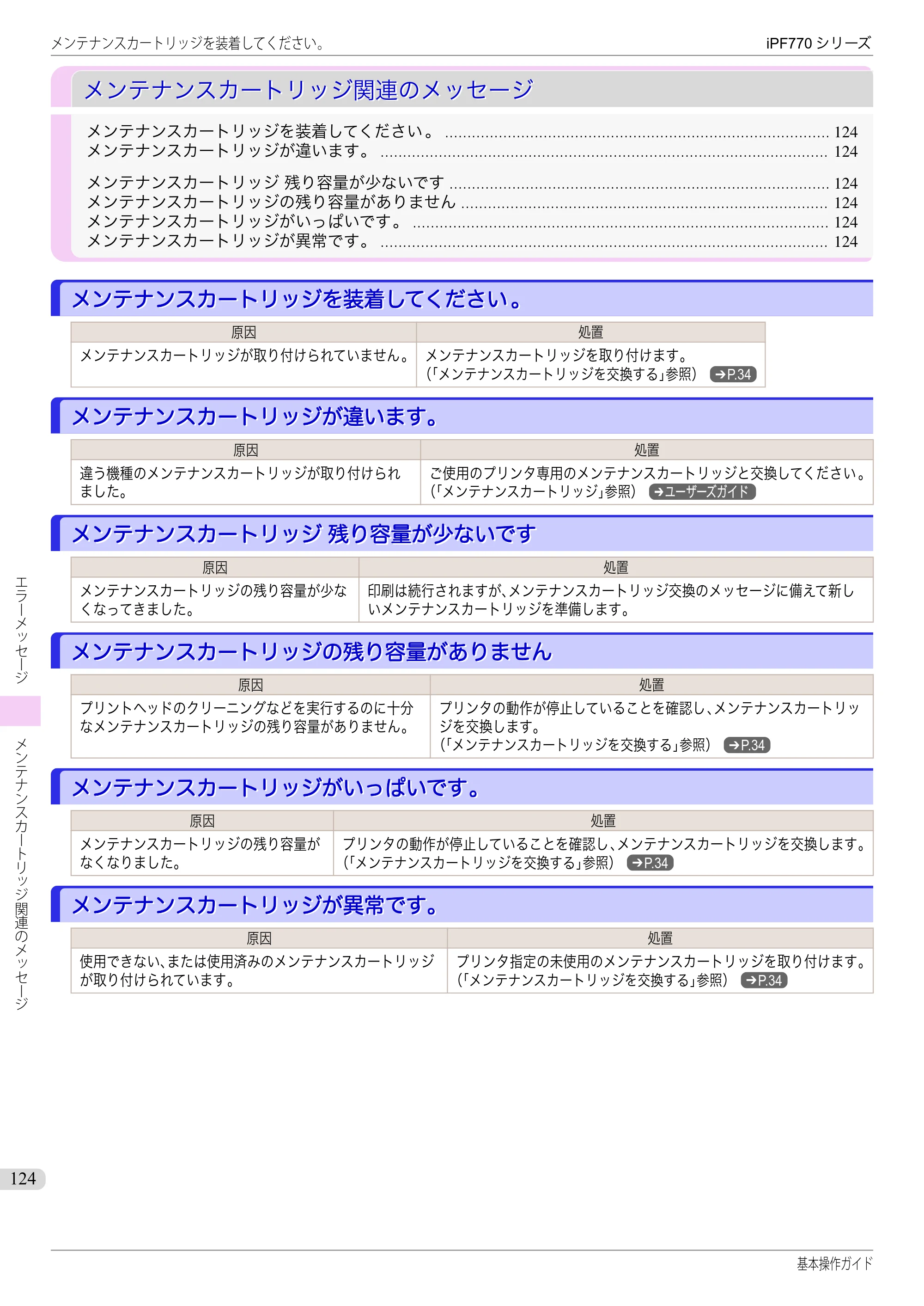 キヤノン iPF670/770シリーズ・iPF-670/770 MFPシリーズ iPF770シリーズ 基本操作ガイド（PDF：6.78MB） — メンテナンスカートリッジ関連のメッセージ — 原本ページ — 124ページ