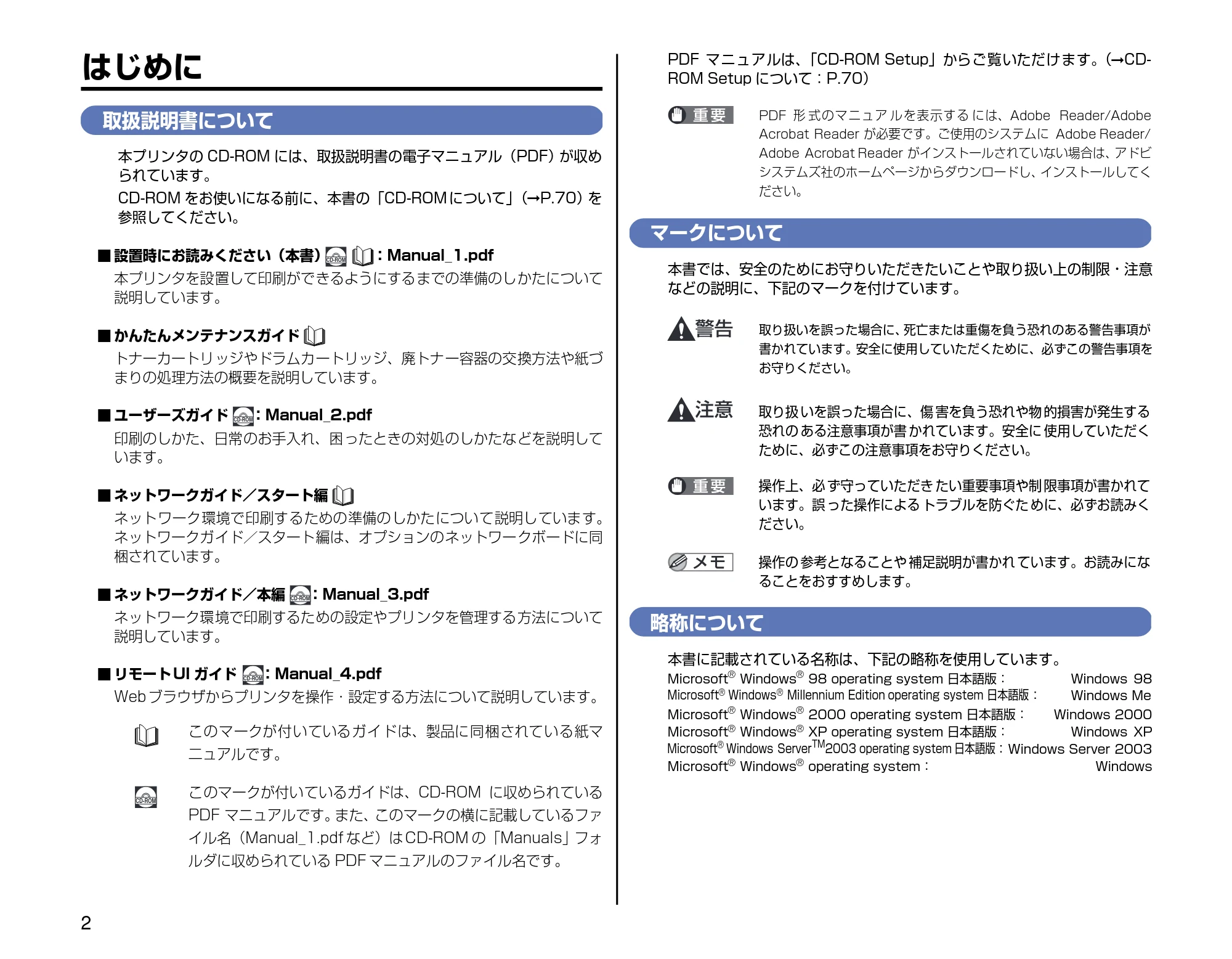 キヤノン LBP5600SE 設置時にお読みください 2006年11月15日更新 (PDF形式/4.53Mバイト) — はじめに — 原本ページ — 2ページ