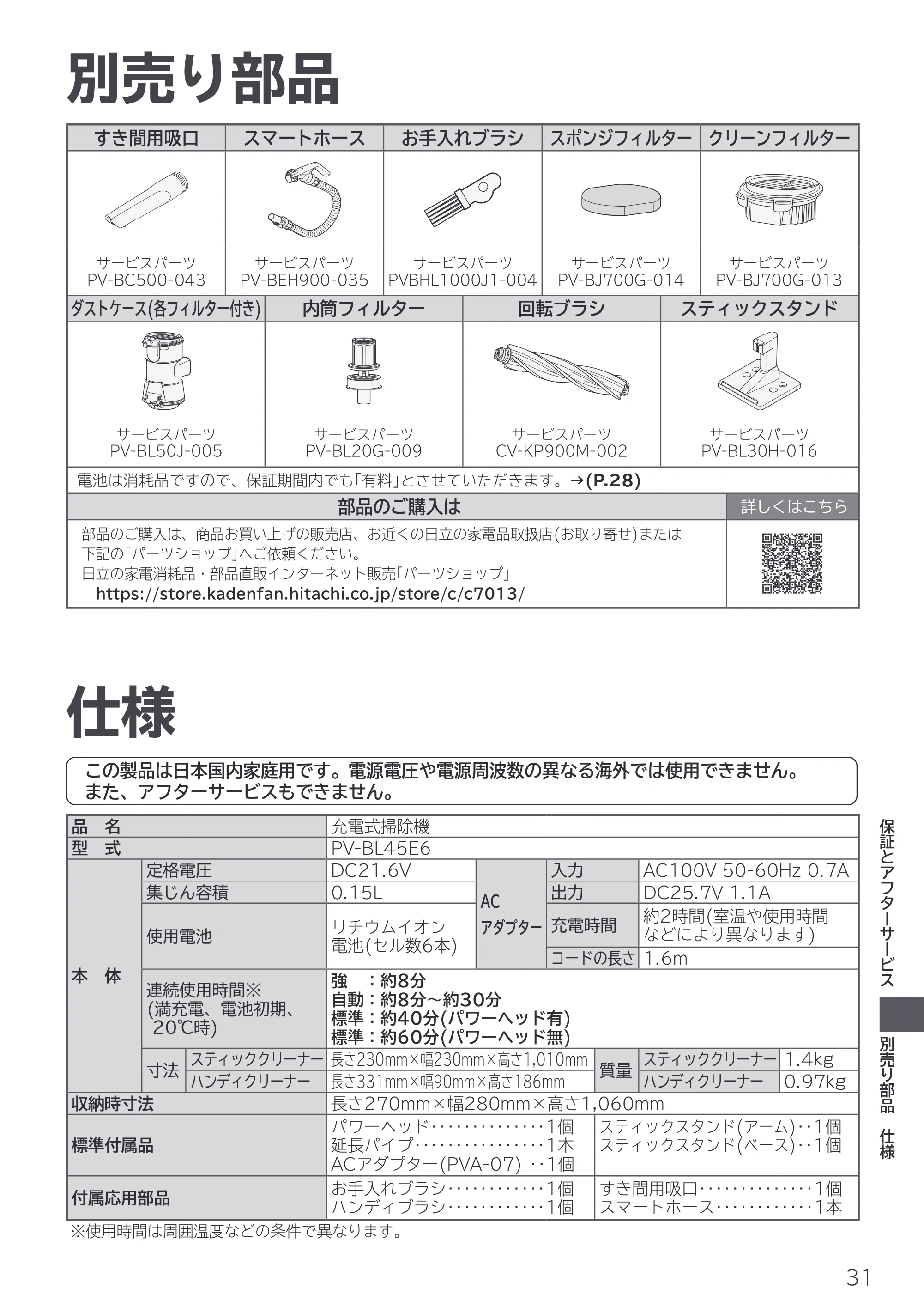 日立 PV-BL45E6 取扱説明書 — 別売り部品 — 原本ページ — 31ページ
