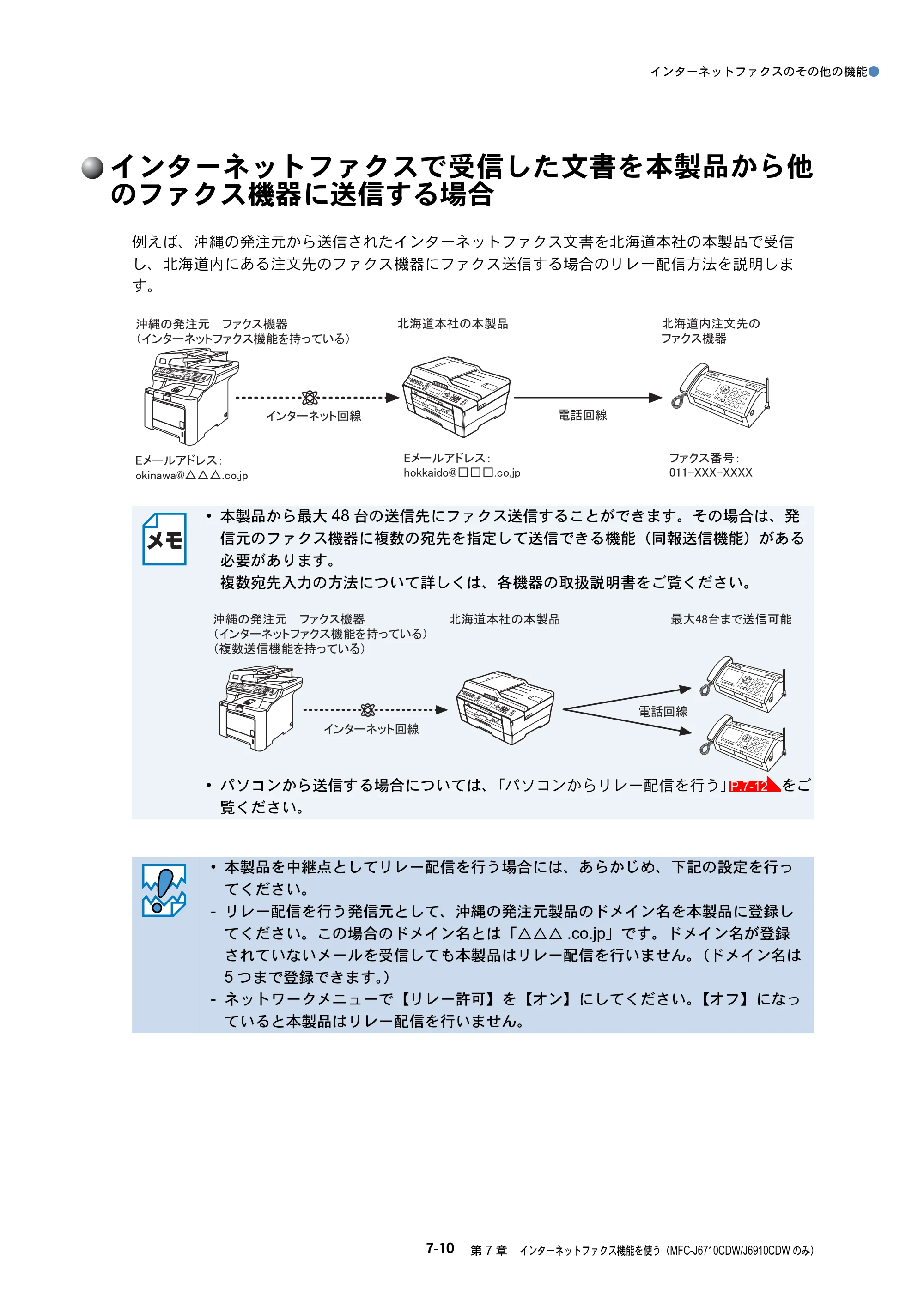 ブラザー MFC-J6510DW / MFC-J6710CDW / MFC-J6910CDW ユーザーズガイド ～ネットワーク操作編～ — インターネットファクスで受信した文書を本製品から他のファクス機器に送信する場合 — 原本ページ — 71ページ