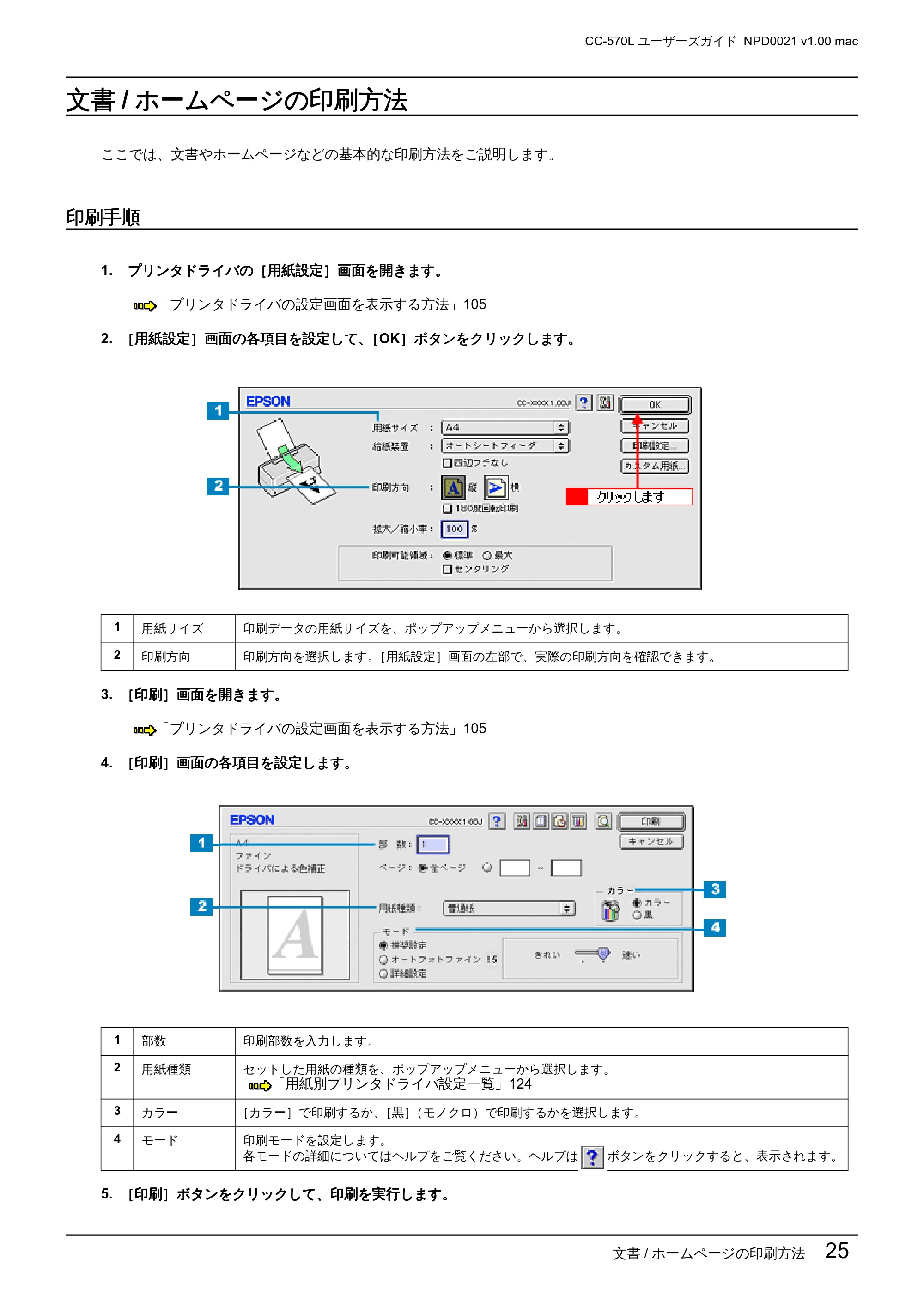 エプソン CC-570L CC-570L ユーザーズガイド (Macintosh版) — 文書/ホームページの印刷方法 — 原本ページ — 25ページ
