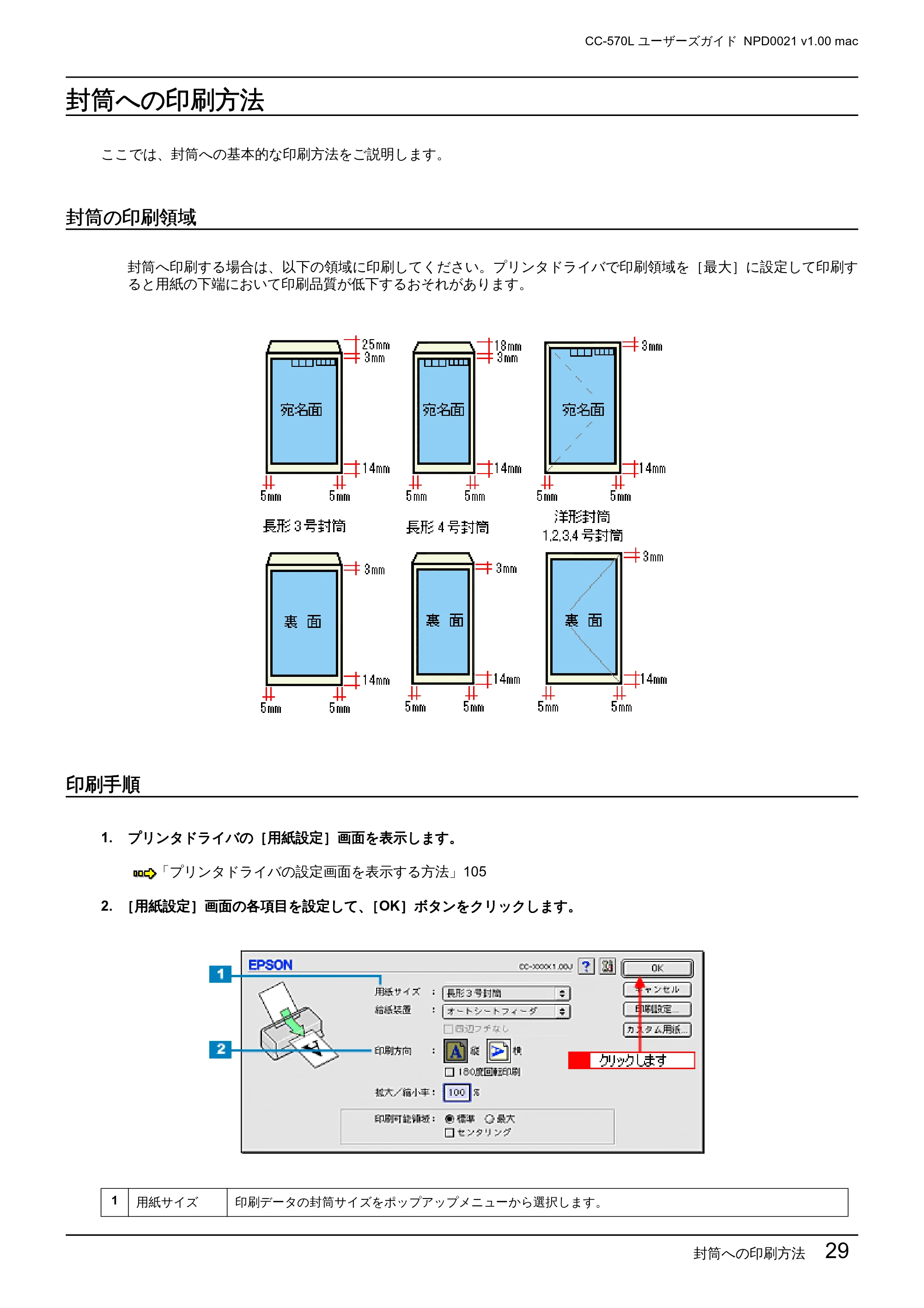 エプソン CC-570L CC-570L ユーザーズガイド (Macintosh版) — 封筒への印刷方法 — 原本ページ — 29ページ