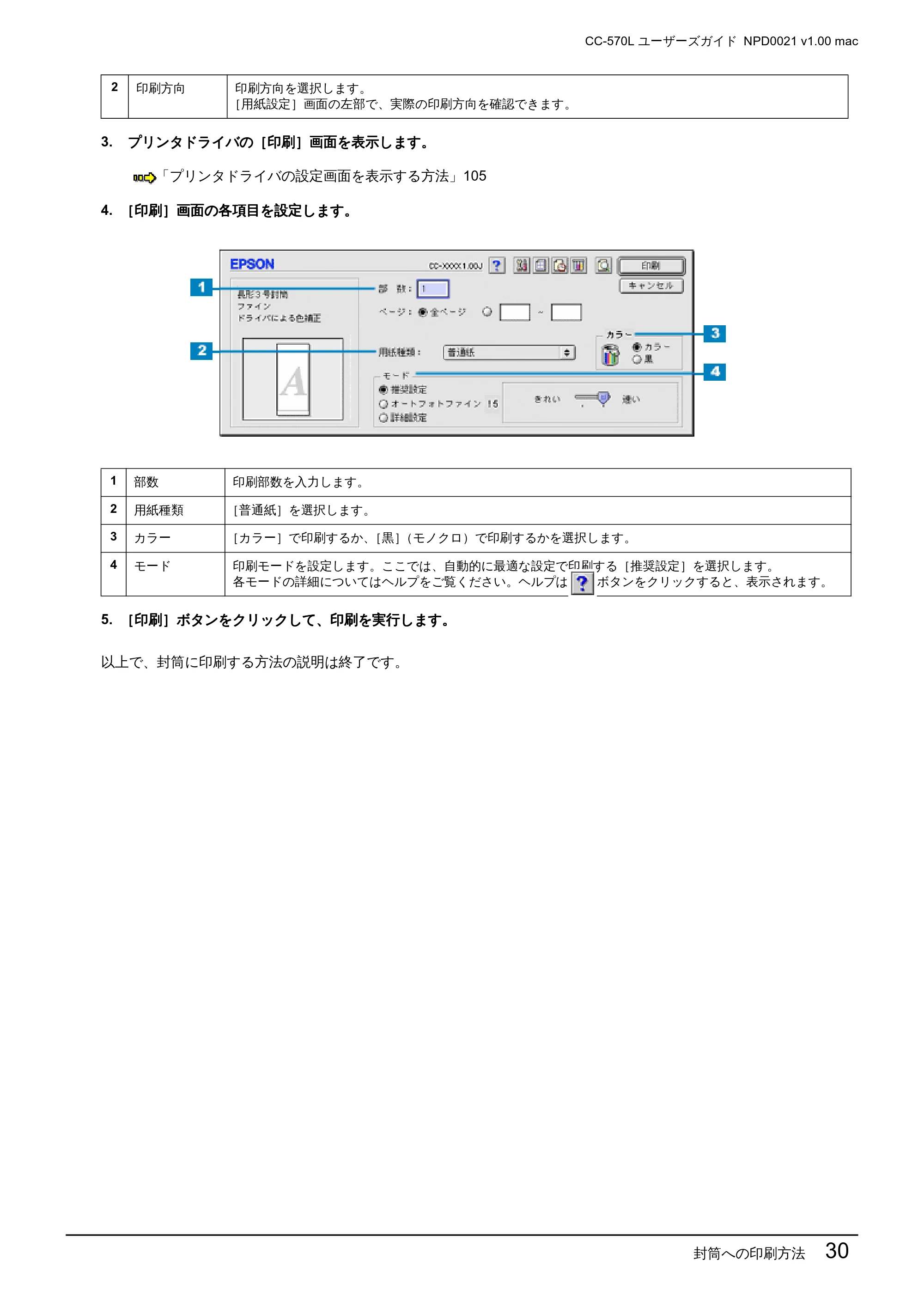 エプソン CC-570L CC-570L ユーザーズガイド (Macintosh版) — 封筒への印刷方法 30 — 原本ページ — 30ページ
