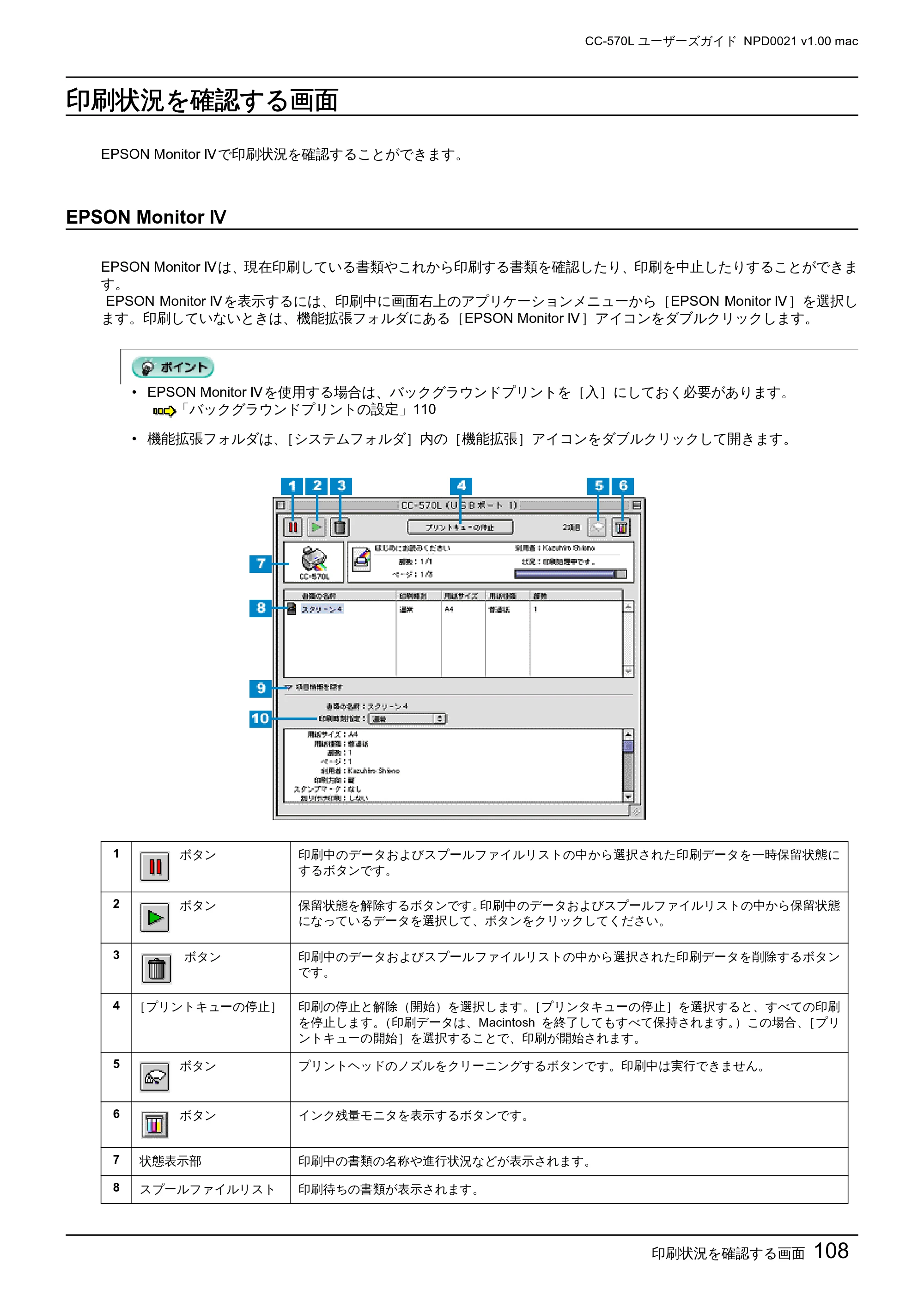 エプソン CC-570L CC-570L ユーザーズガイド (Macintosh版) — 印刷状況を確認する画面 — 原本ページ — 108ページ