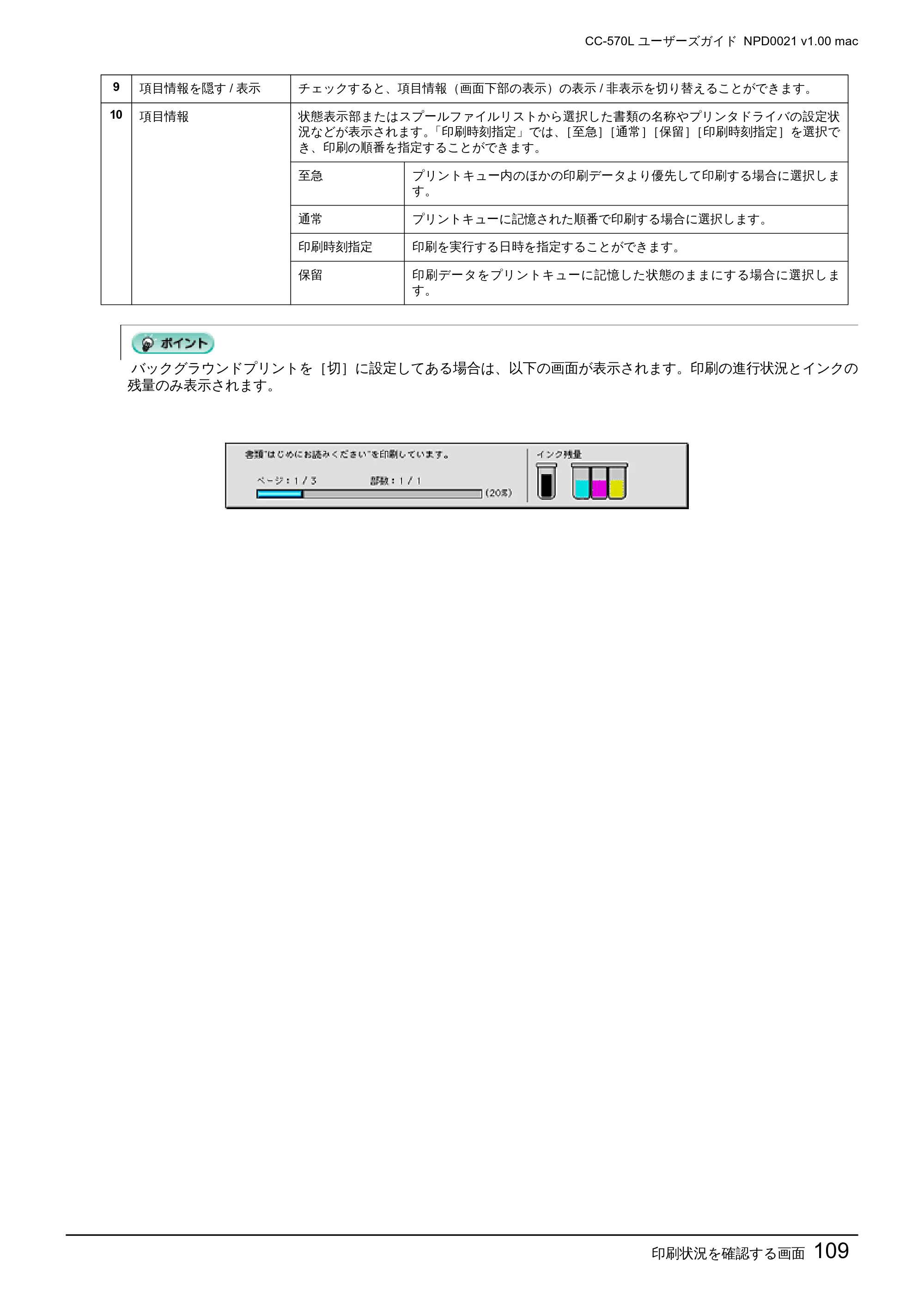 エプソン CC-570L CC-570L ユーザーズガイド (Macintosh版) — 印刷状況を確認する画面109 — 原本ページ — 109ページ
