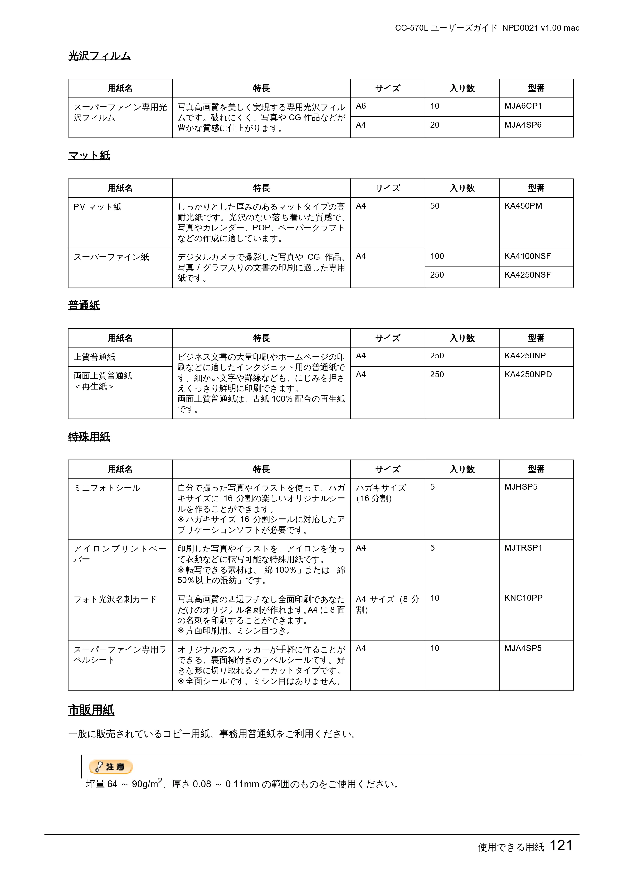 エプソン CC-570L CC-570L ユーザーズガイド (Macintosh版) — 市販用紙 — 原本ページ — 121ページ