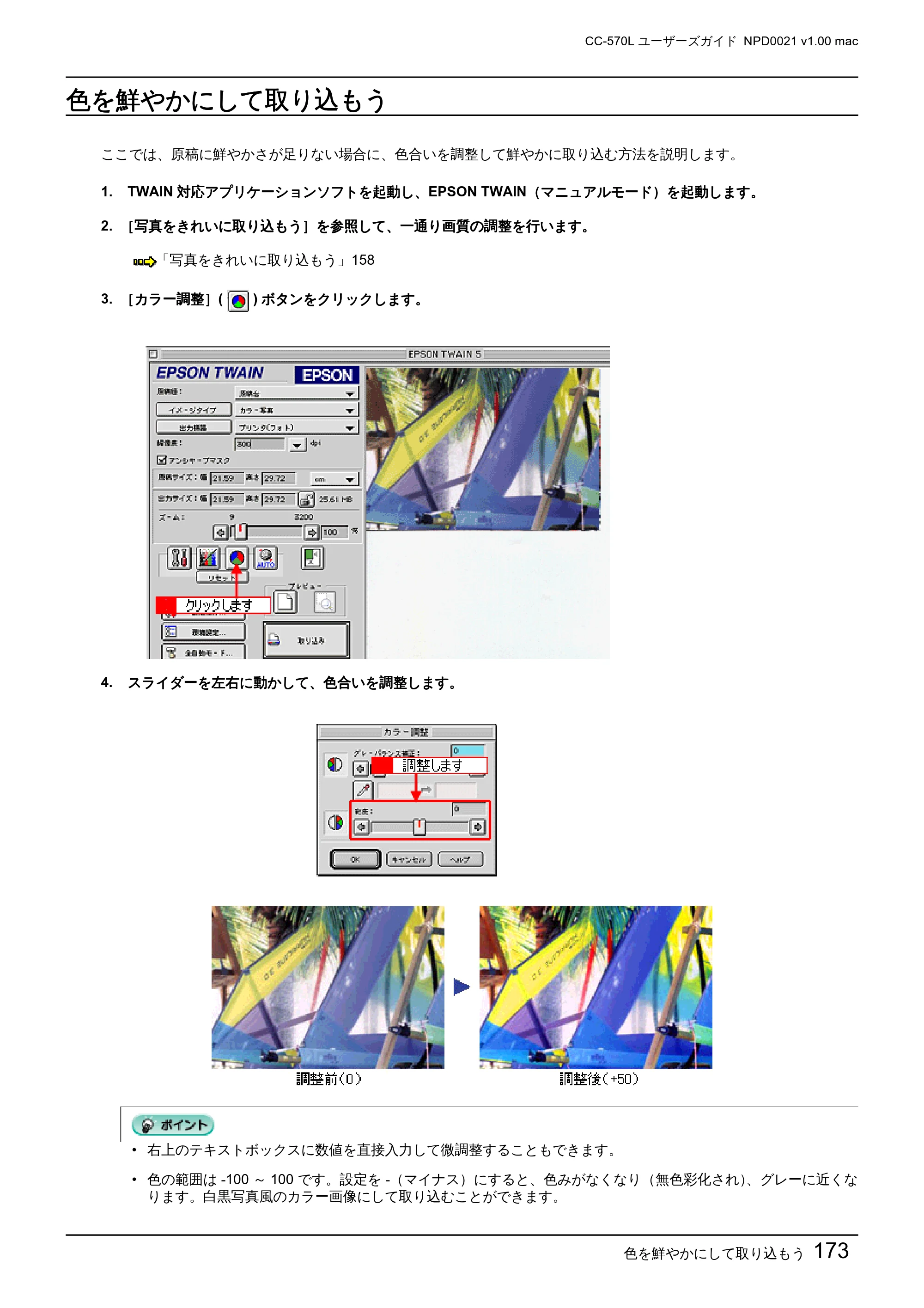 エプソン CC-570L CC-570L ユーザーズガイド (Macintosh版) — 色を鮮やかにして取り込もう — 原本ページ — 173ページ