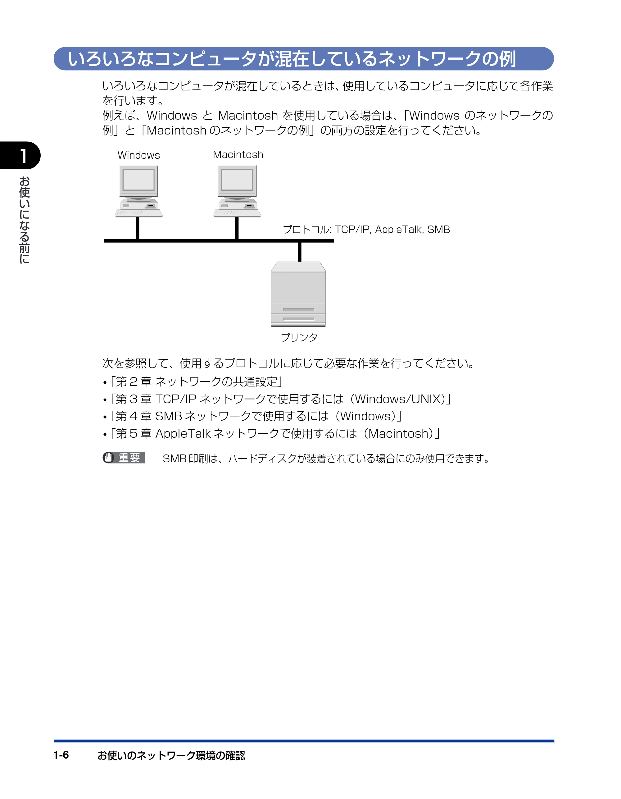 キヤノン LBP3930/3910 ネットワークガイド／本編 2008年1月21日掲載 （PDF形式／5.39Mバイト） — いろいろなコンピュータが混在しているネットワークの例 — 原本ページ — 15ページ