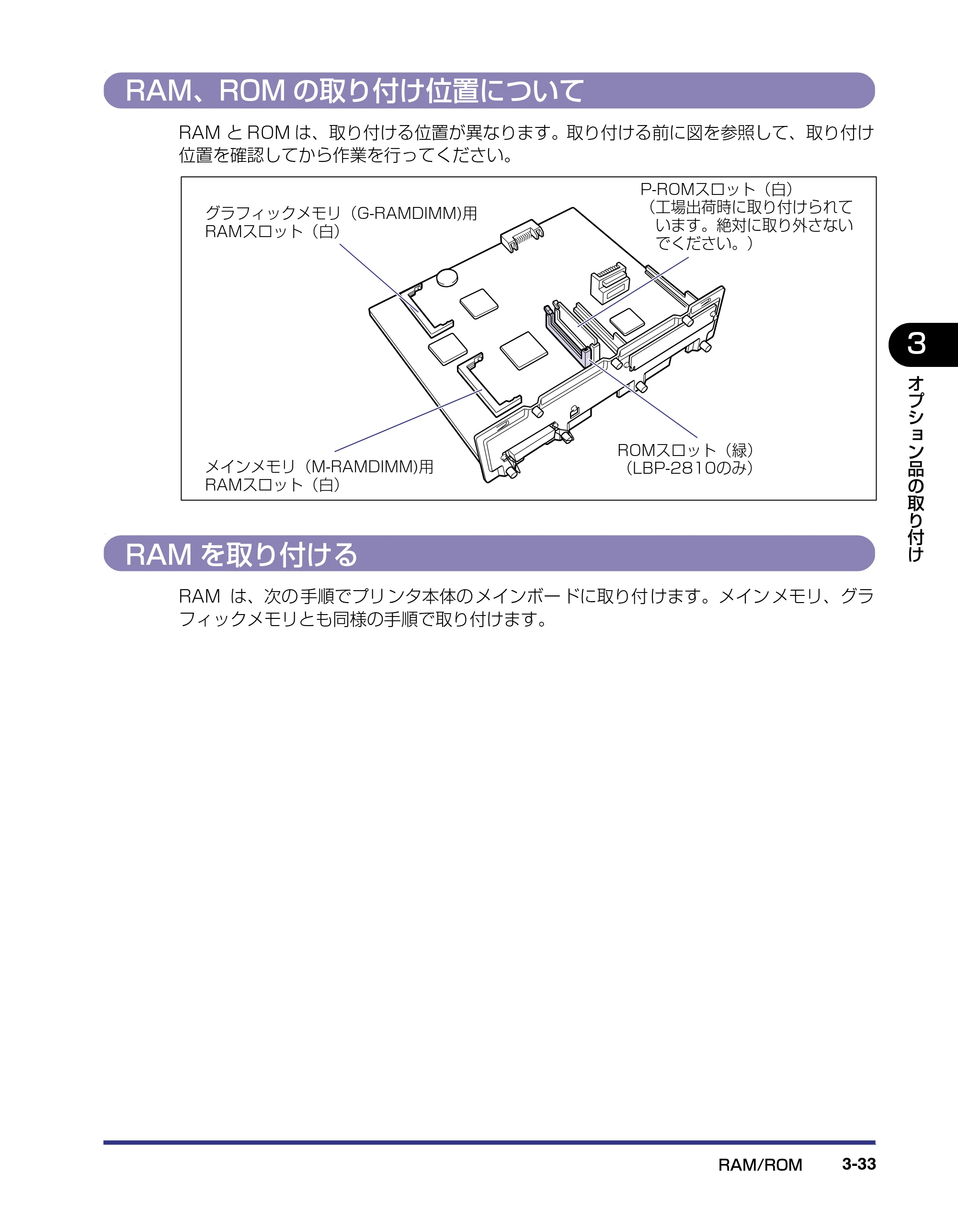 キヤノン LBP-2810 設置ガイド (PDF形式/4.41Mバイト) — RAM、ROMの取り付け位置について — 原本ページ — 109ページ