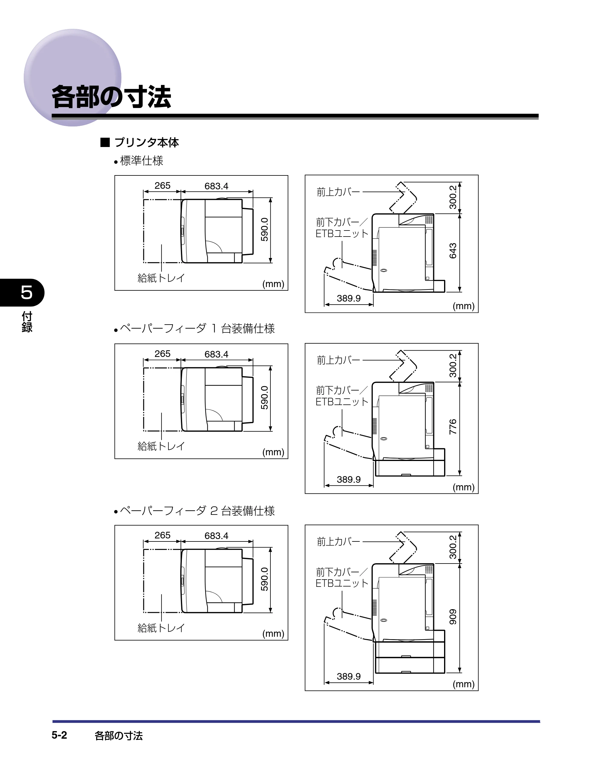 キヤノン LBP-2810 設置ガイド （PDF形式／4.41Mバイト） — 各部の寸法 — 原本ページ — 149ページ