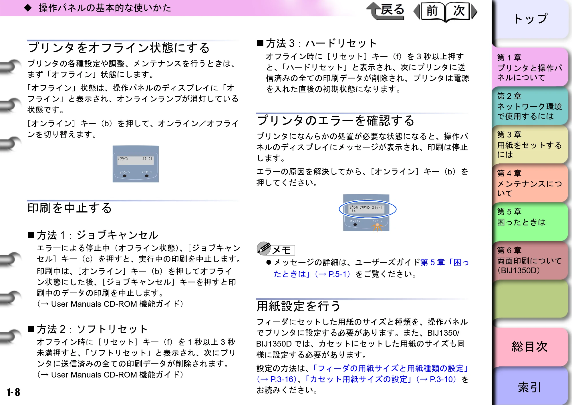 キヤノン BIJ2350/BIJ1350/BIJ1350D ユーザーズガイド（LIPS編） （PDF形式／13.25Mバイト） — プリンタをオフライン状態にする — 原本ページ — 11ページ