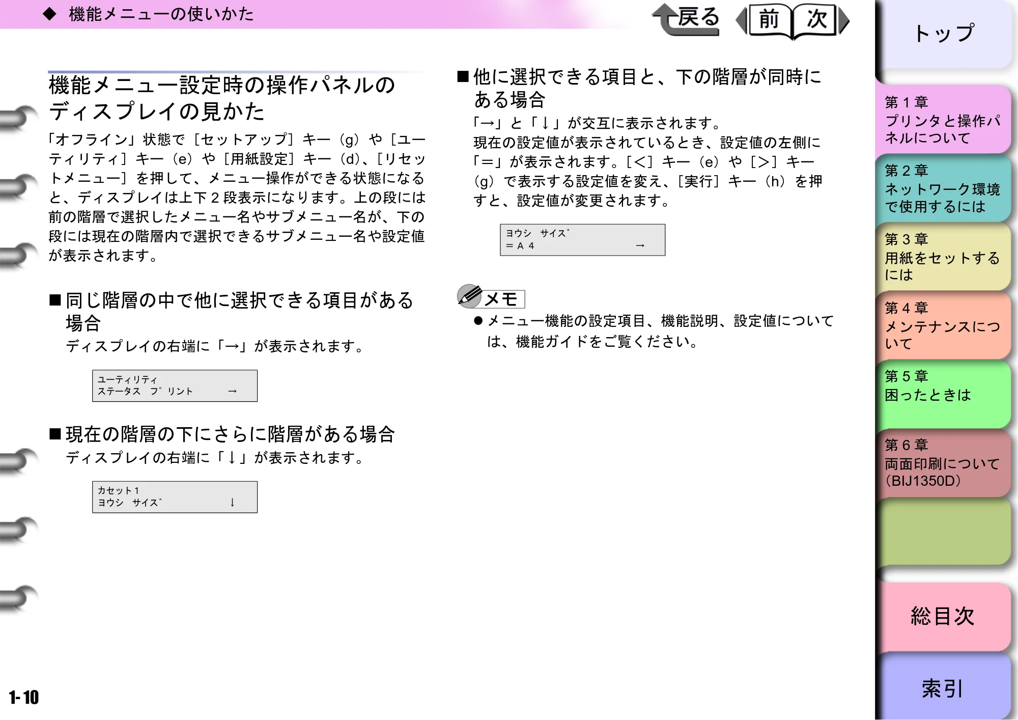 キヤノン BIJ2350/BIJ1350/BIJ1350D ユーザーズガイド（LIPS編） （PDF形式／13.25Mバイト） — 機能メニュー設定時の操作パネルの ディスプレイの見かた — 原本ページ — 13ページ