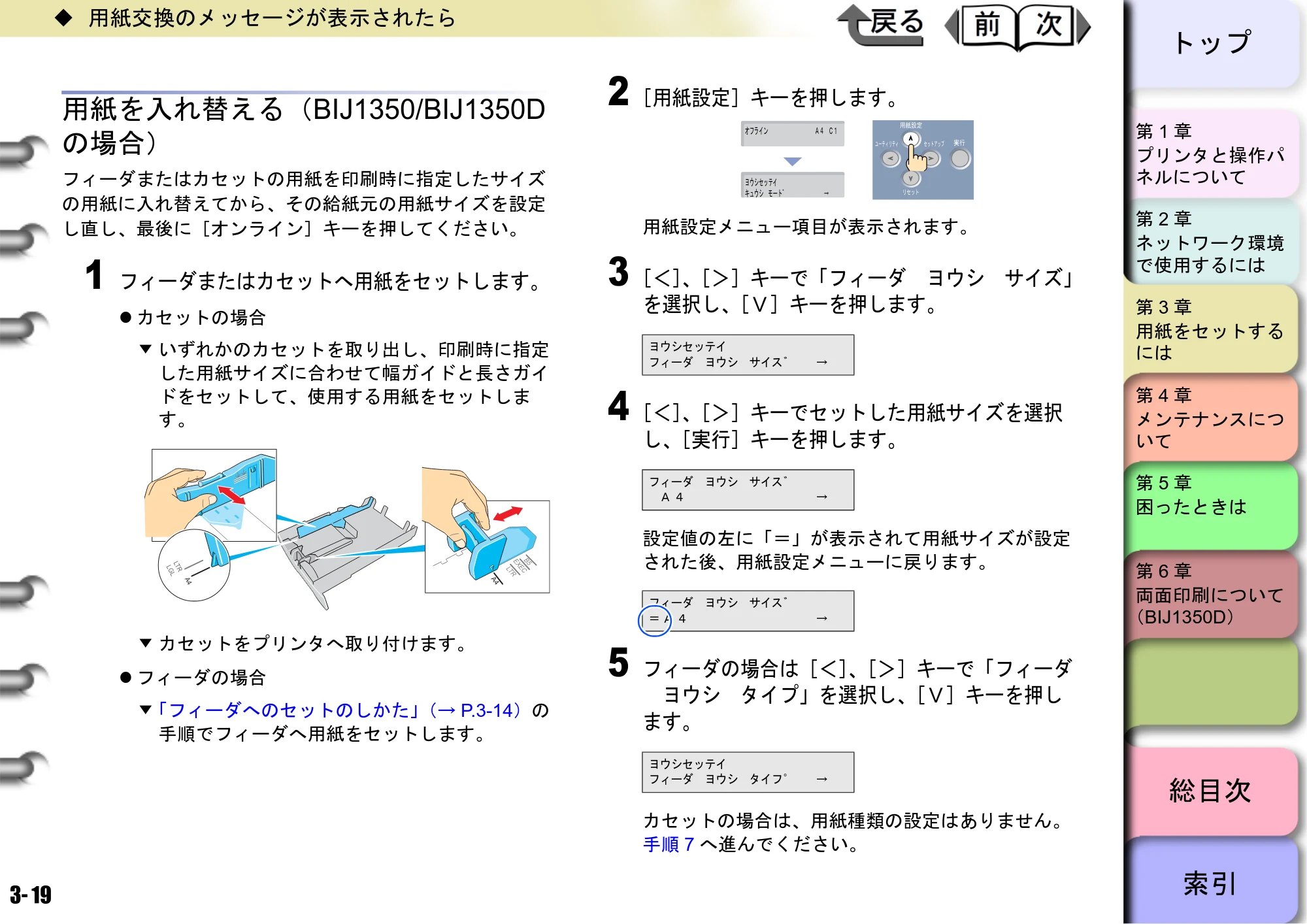 キヤノン BIJ2350/BIJ1350/BIJ1350D ユーザーズガイド（LIPS編） （PDF形式／13.25Mバイト） — 用紙を入れ替える（BIJ1350/BIJ1350D の場合） — 原本ページ — 78ページ