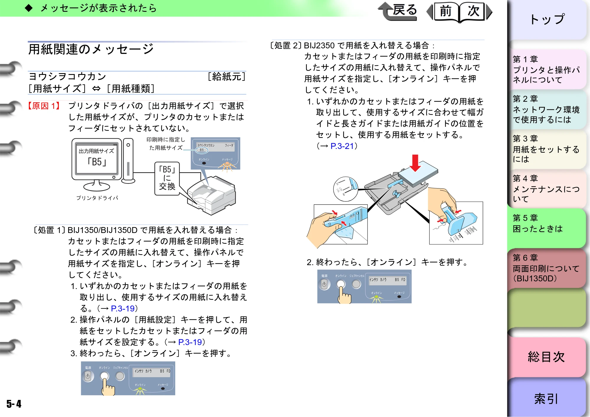 キヤノン BIJ2350/BIJ1350/BIJ1350D ユーザーズガイド（LIPS編） （PDF形式／13.25Mバイト） — 用紙関連のメッセージ — 原本ページ — 109ページ